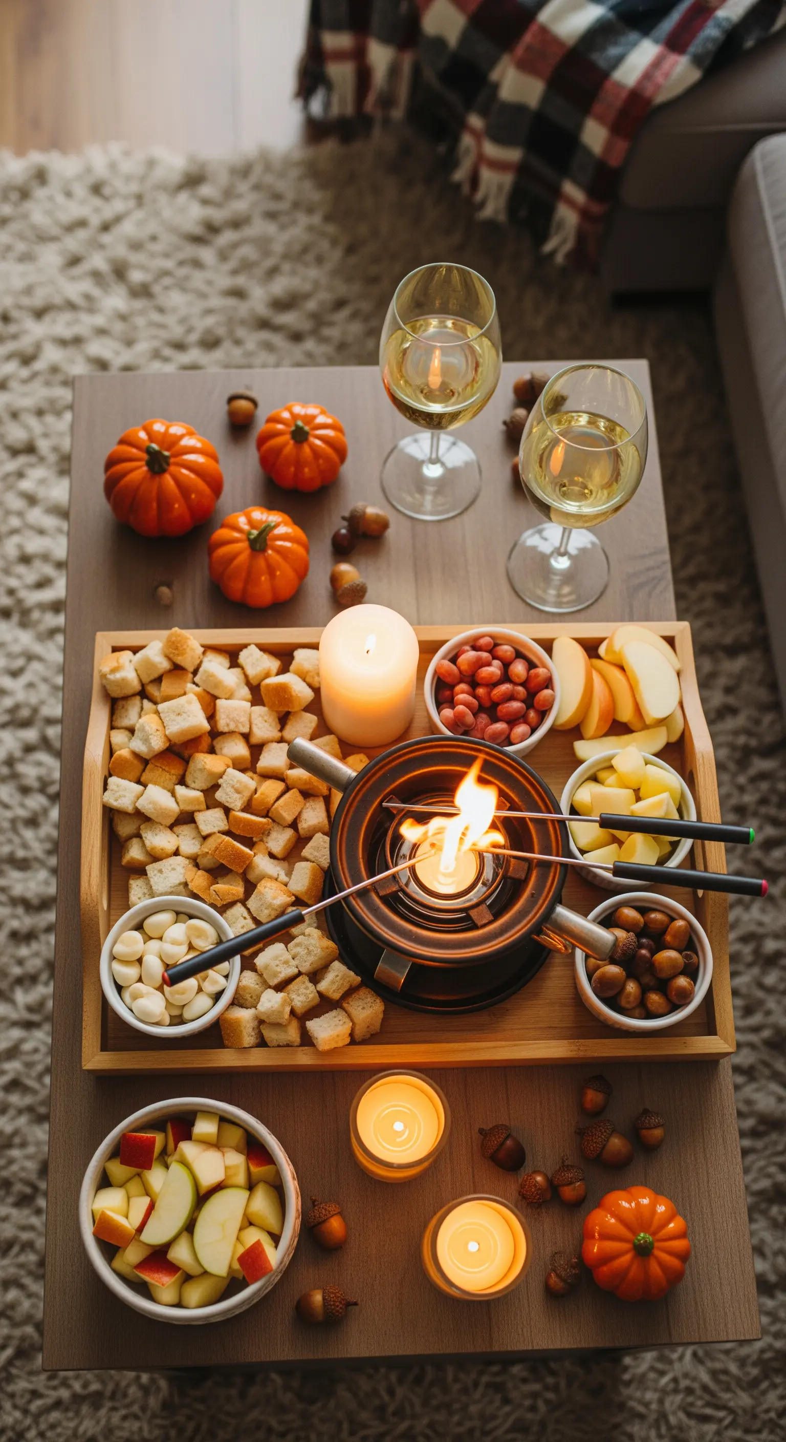 Draufsicht auf Couchtisch mit Käsefondue und Herbstdeko