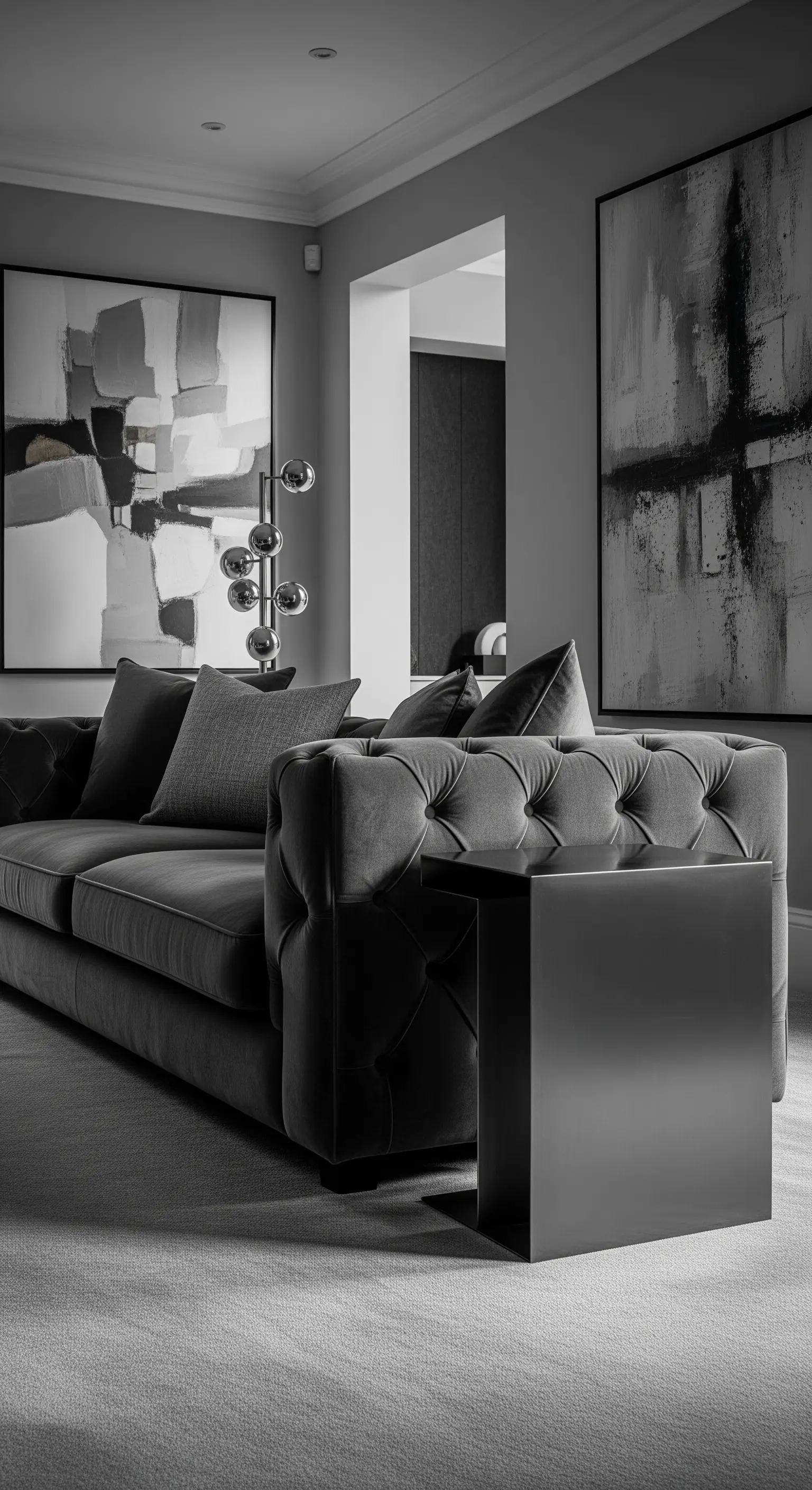 Graues Wohnzimmer mit großformatiger abstrakter Kunst