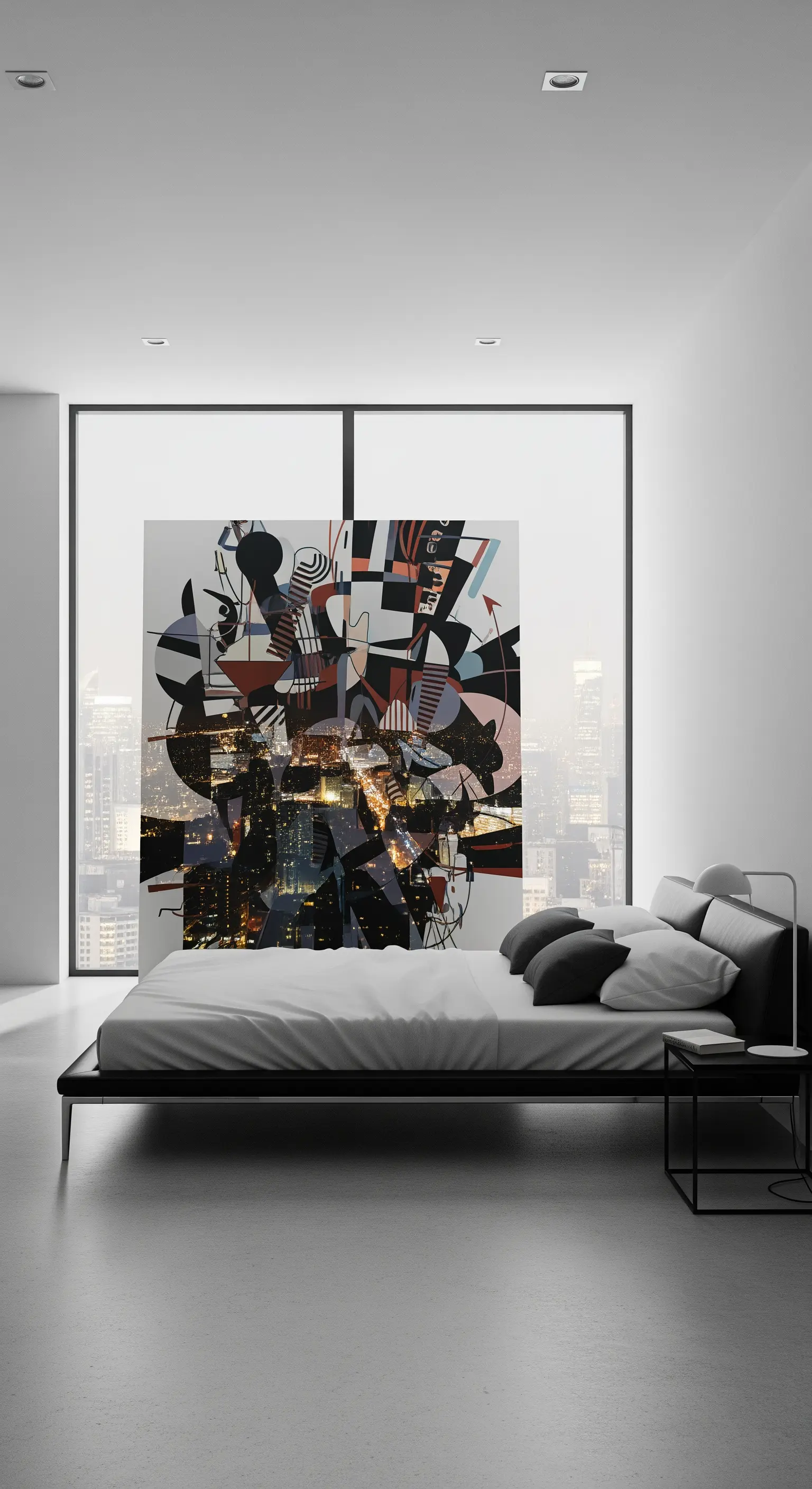Modernes Schlafzimmer mit großem abstrakten Gemälde vor dem Fenster