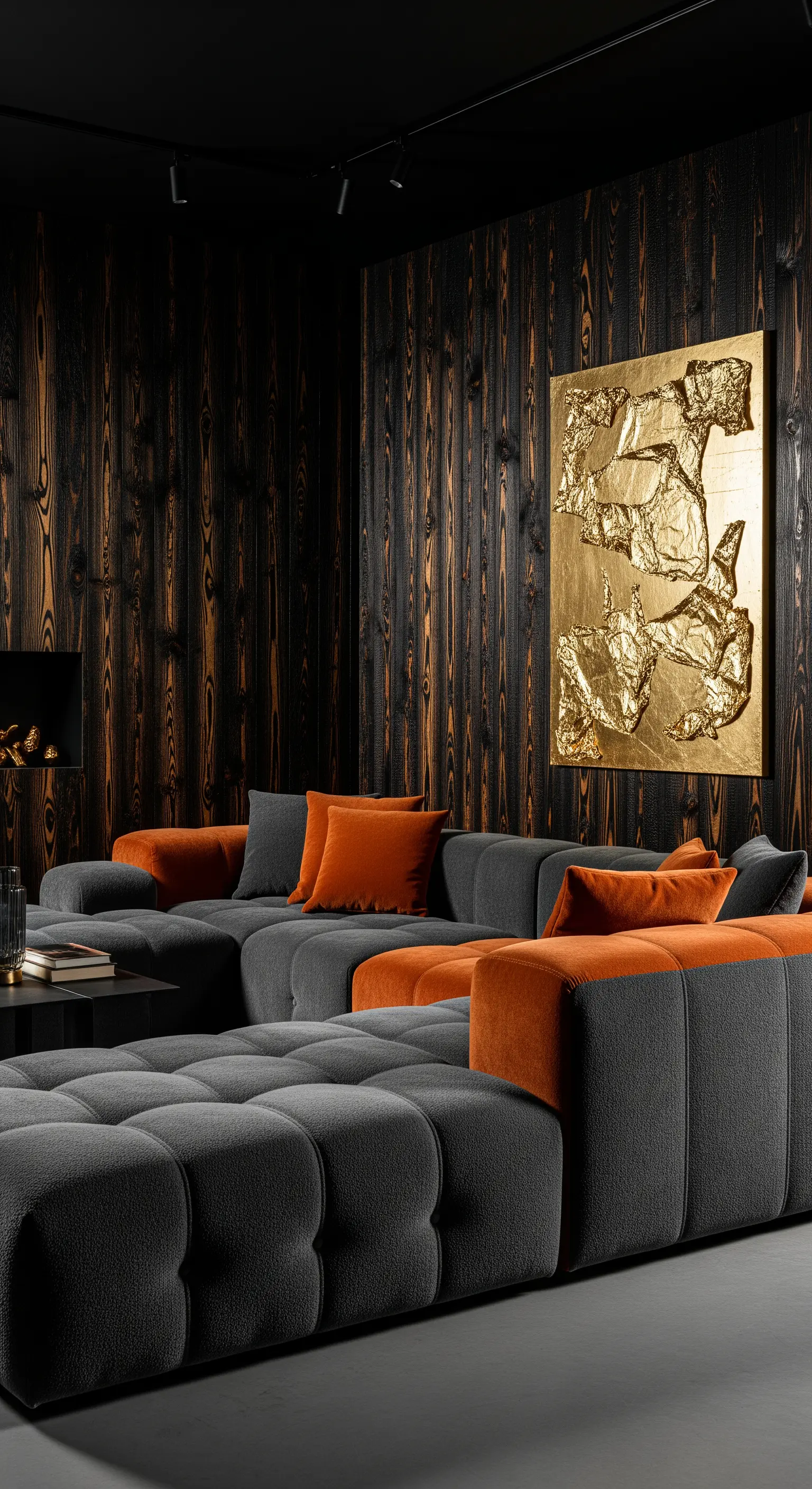 Dunkle Holzwand mit goldenem Struktur-Kunstwerk