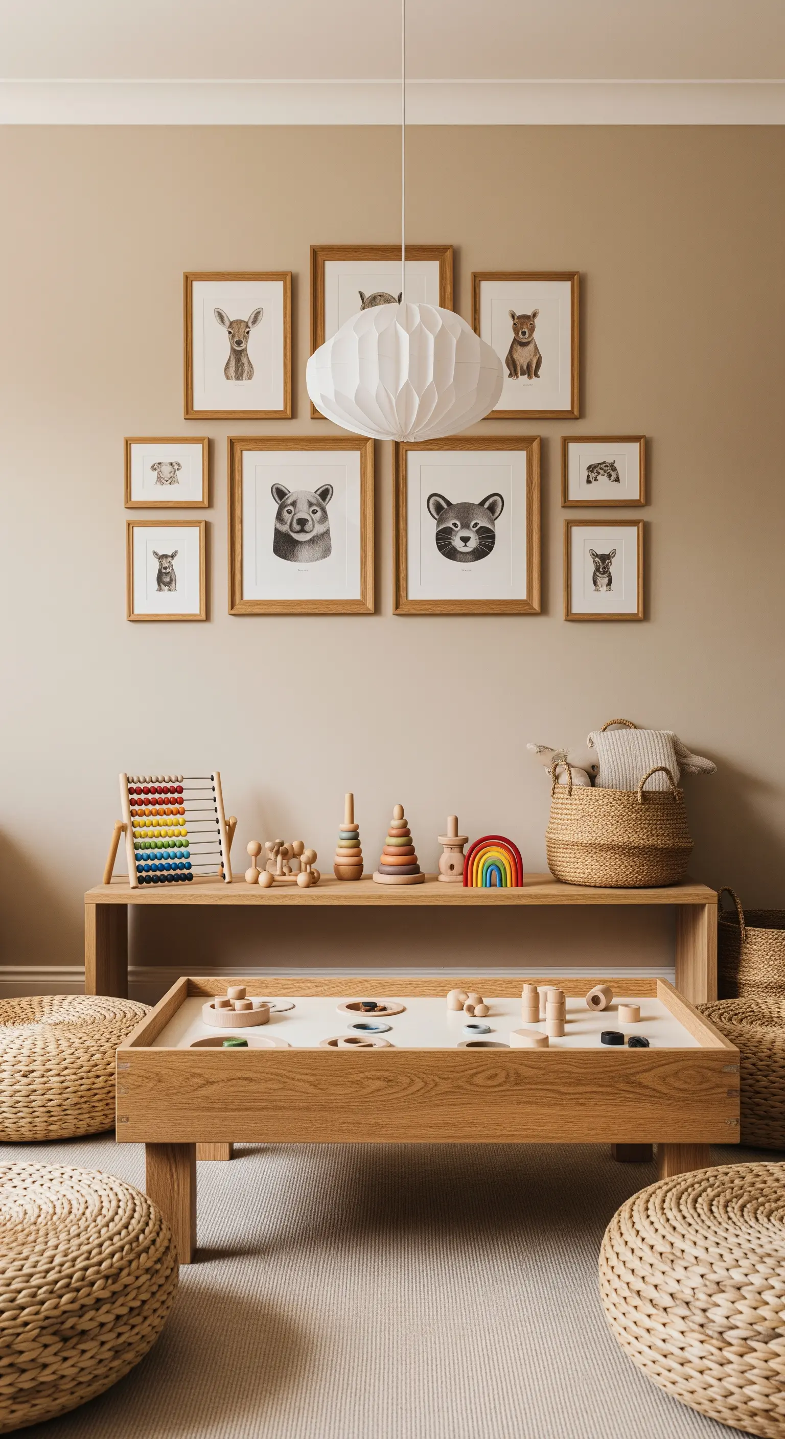 Niedrig gehängte Bildergalerie über einem Spieltisch aus Holz