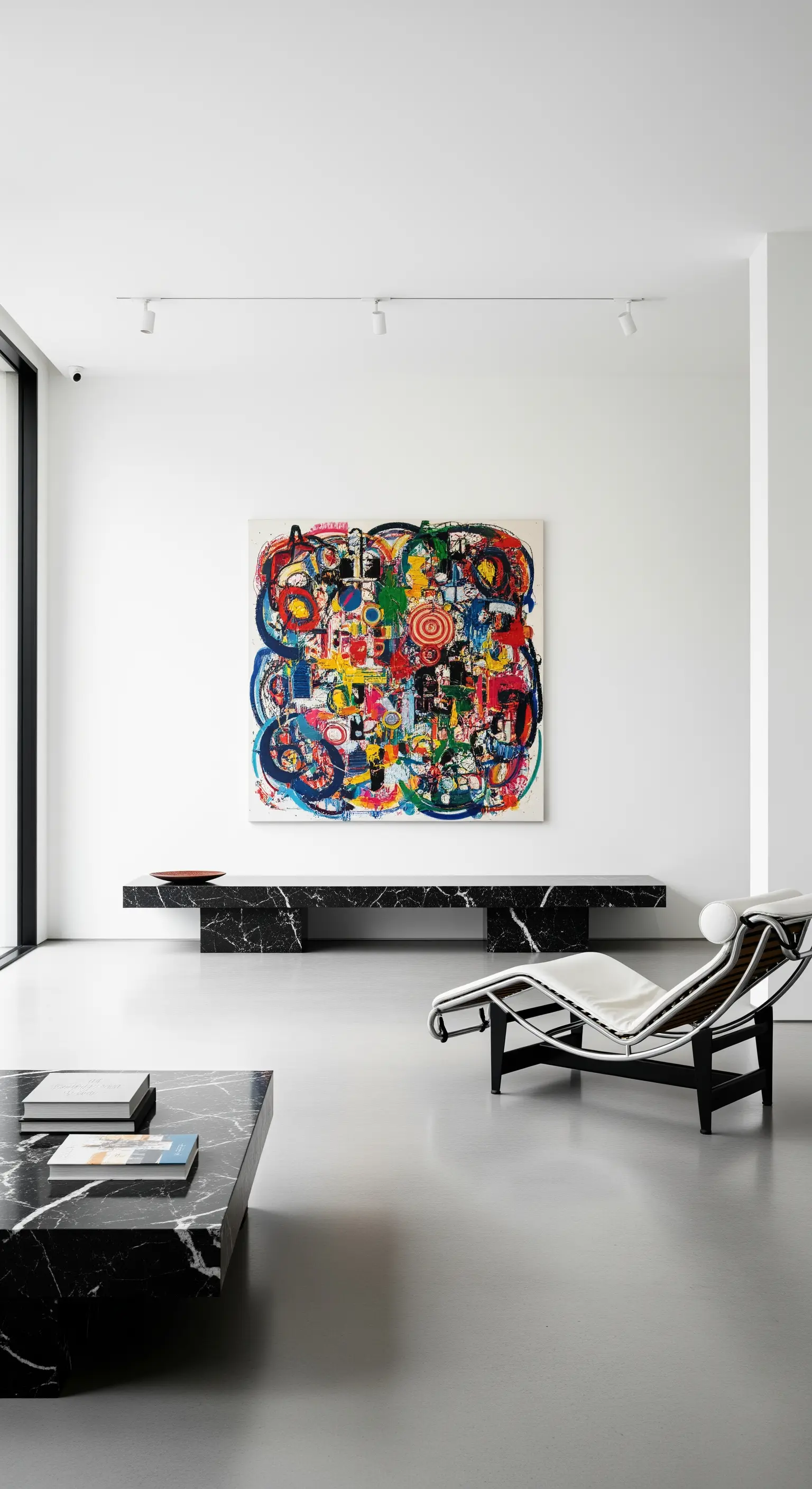 Minimalistischer Raum mit großem buntem abstrakten Gemälde