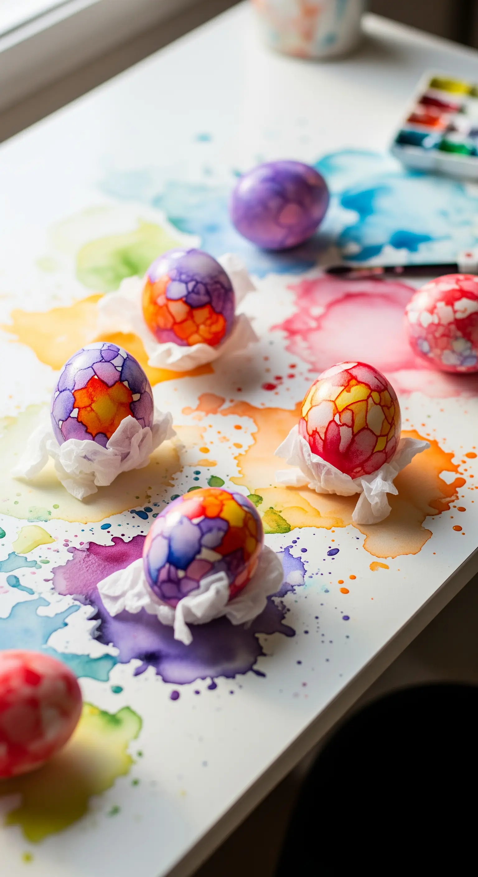 Aquarell-bemalte Eier mit Farbspritzern auf Tisch