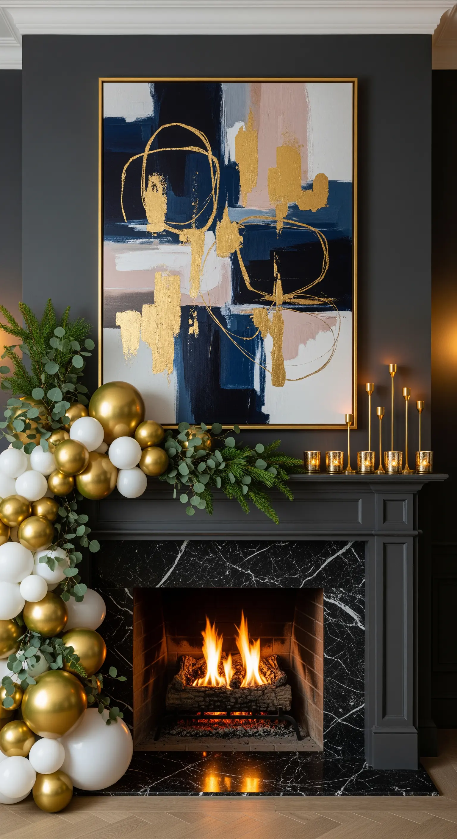 Dunkler Marmorkamin mit asymmetrischer Ballongirlande in Gold und Weiß sowie abstrakter Kunst.