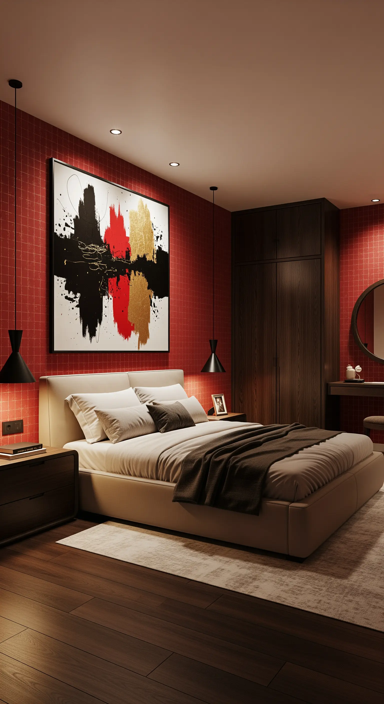 Rotes Schlafzimmer mit großem abstrakten Kunstbild