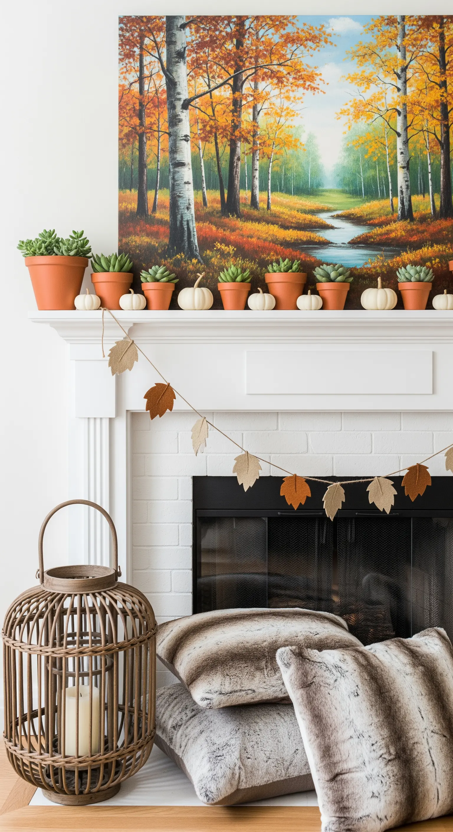 Herbstgemälde über Kamin mit passenden Tontöpfen