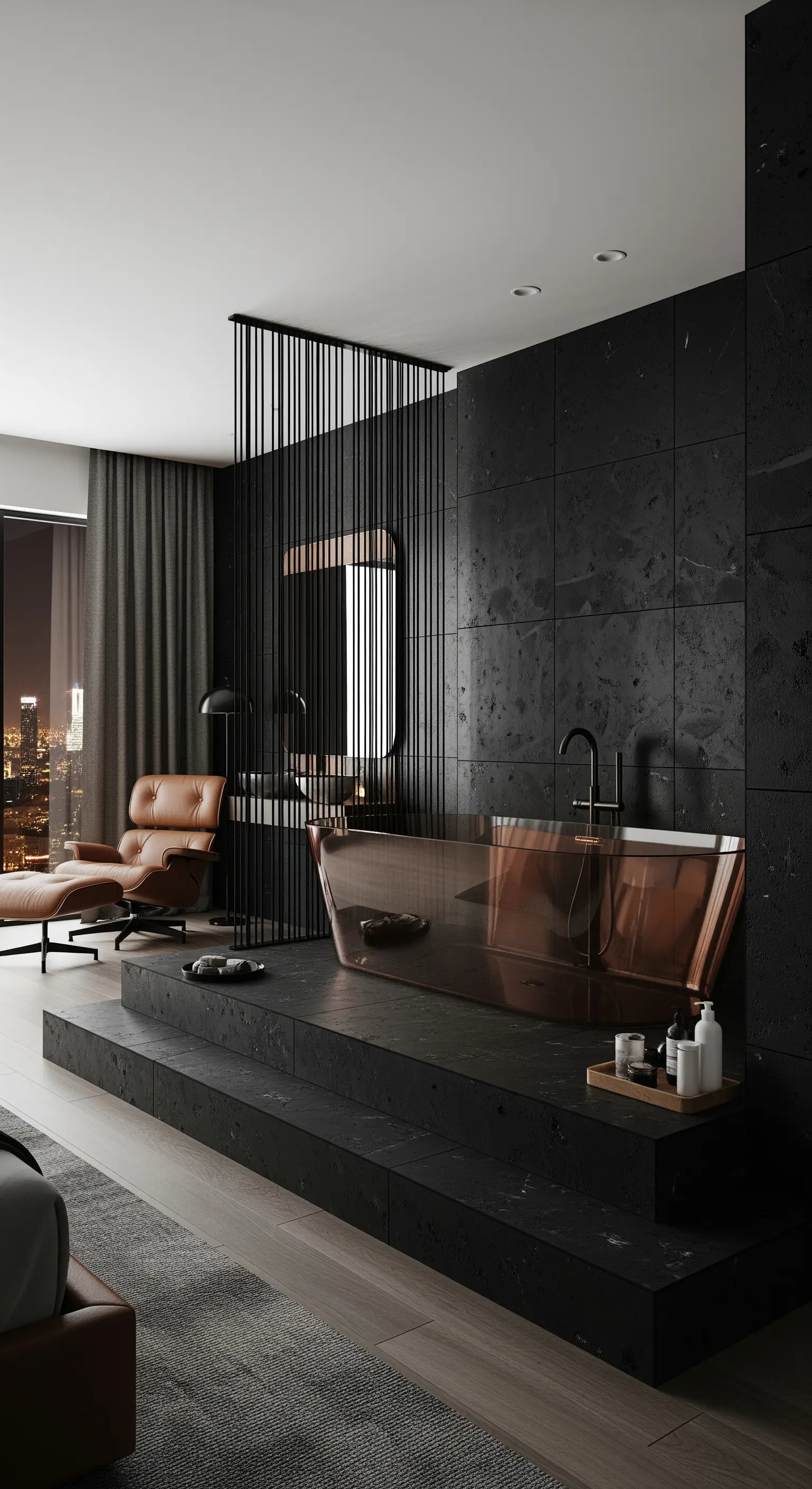 Kupferfarbene Badewanne auf schwarzem Podest mit Raumteiler