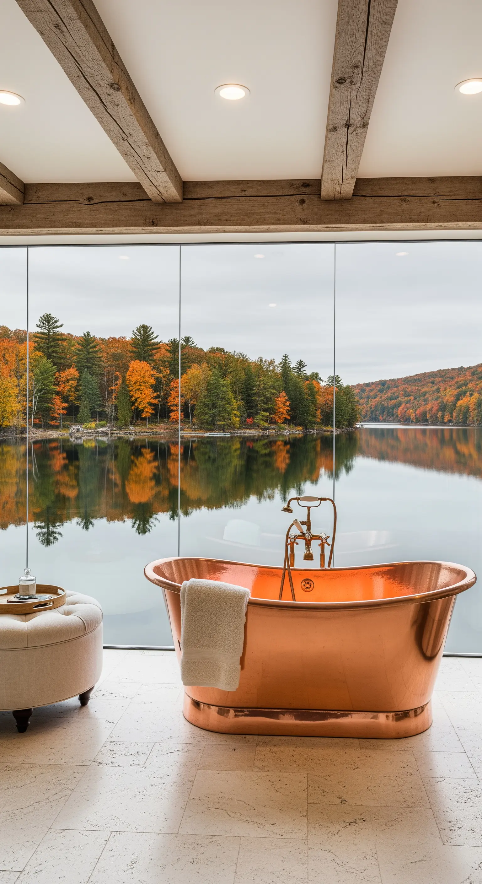 Kupferbadewanne vor See und herbstlichem Waldpanorama