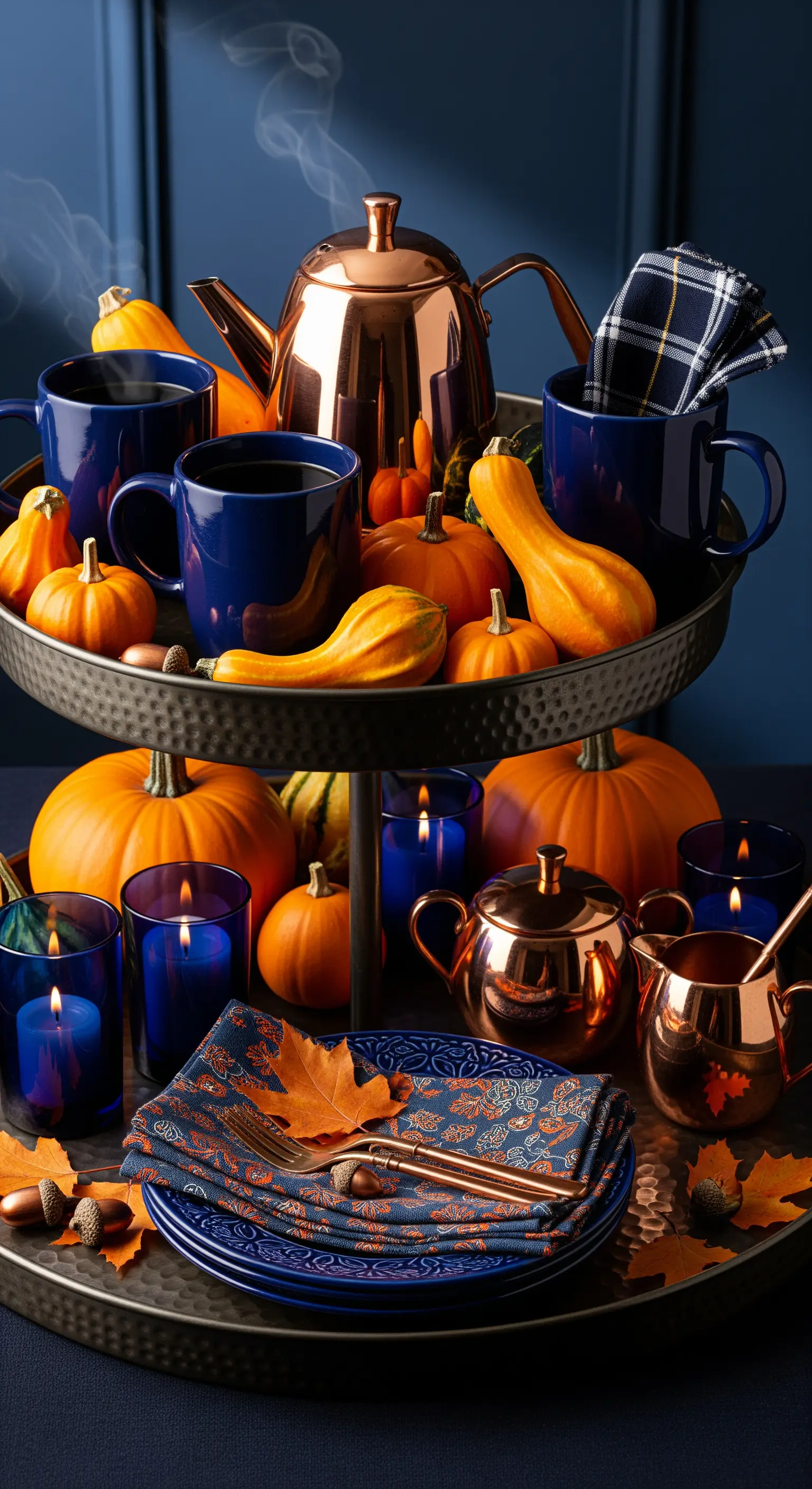 Metall-Etagere mit dunkelblauen Tassen, Kupferkanne und orangen Kürbissen