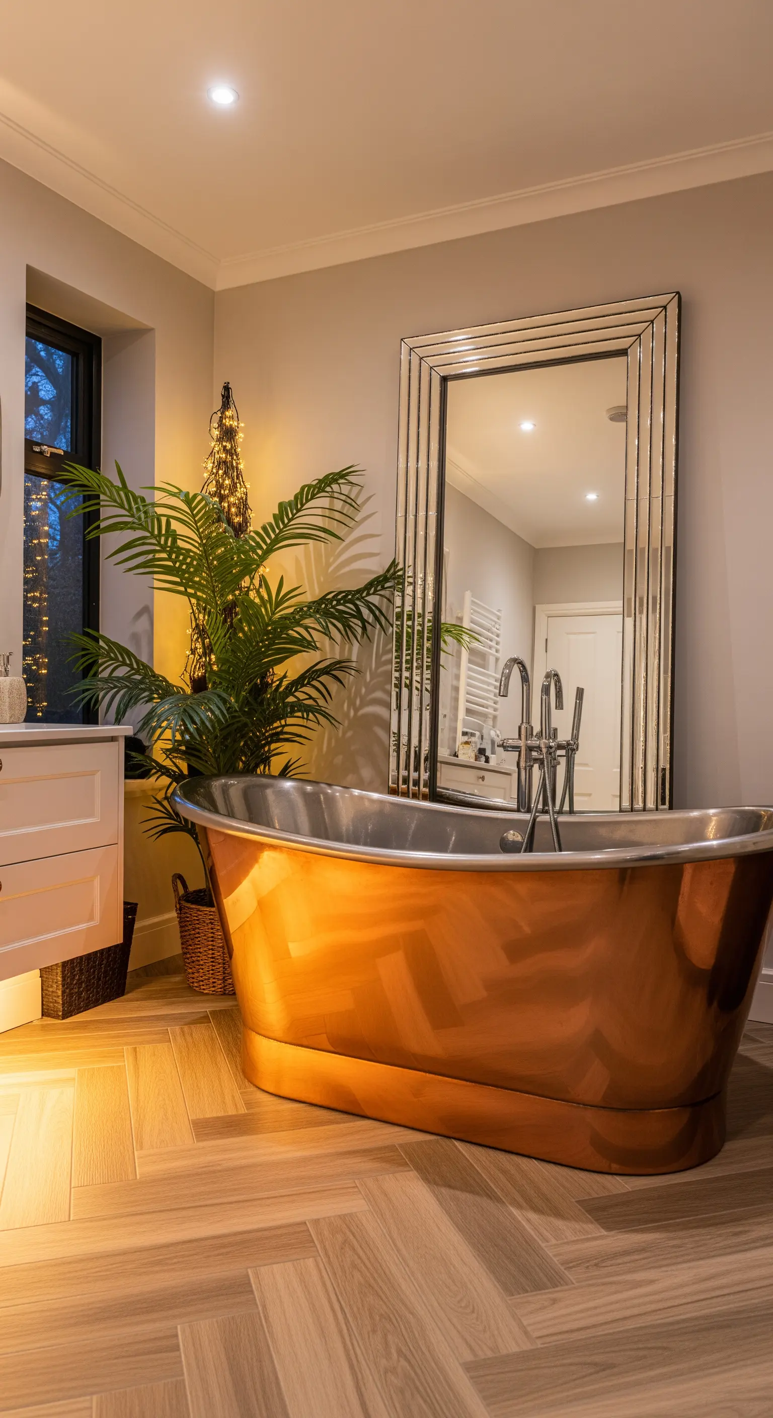 Kupferbadewanne neben großer Pflanze mit Lichterkette und Standspiegel