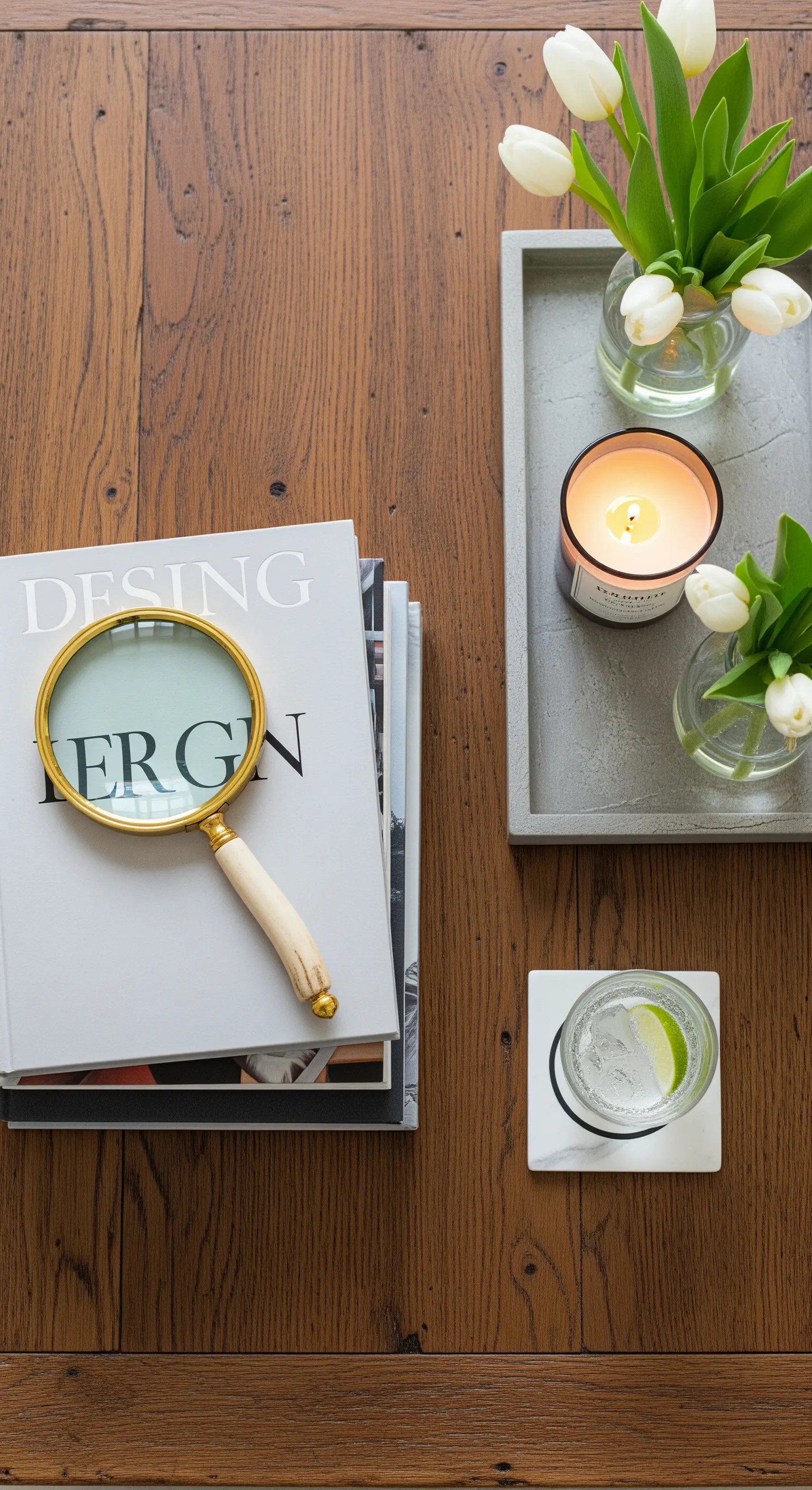 Couchtisch-Deko mit Tulpen, Buch und Lupe