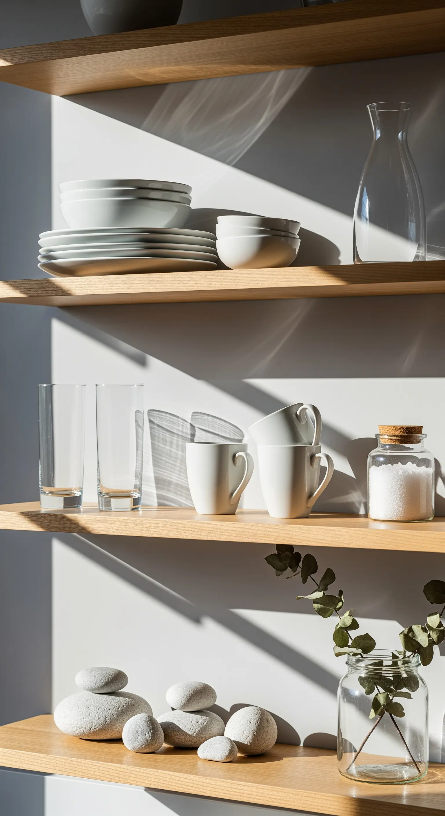 Holzregale mit weißem Geschirr und Glas im Sonnenlicht