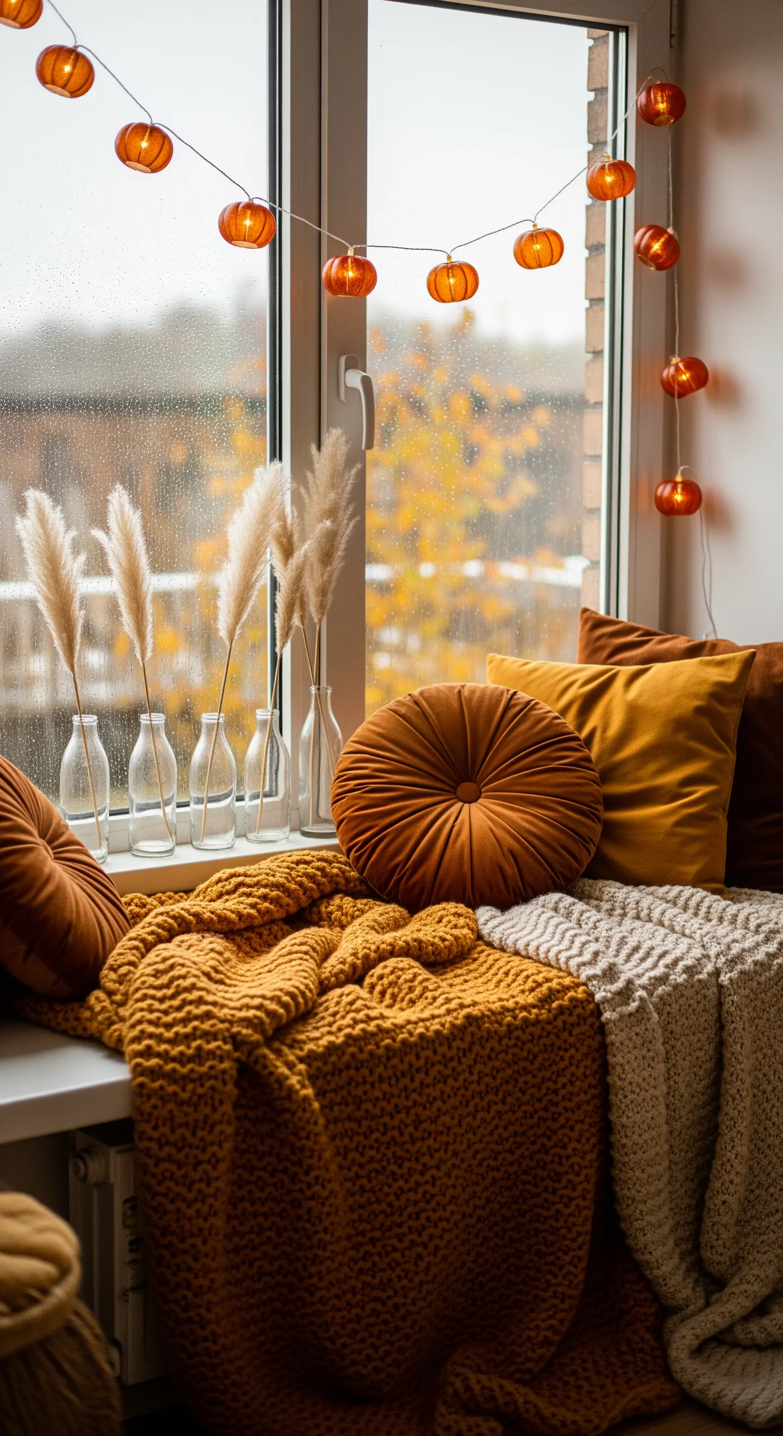 Fensterbank mit Kürbis-Lichterkette und Strickdecken