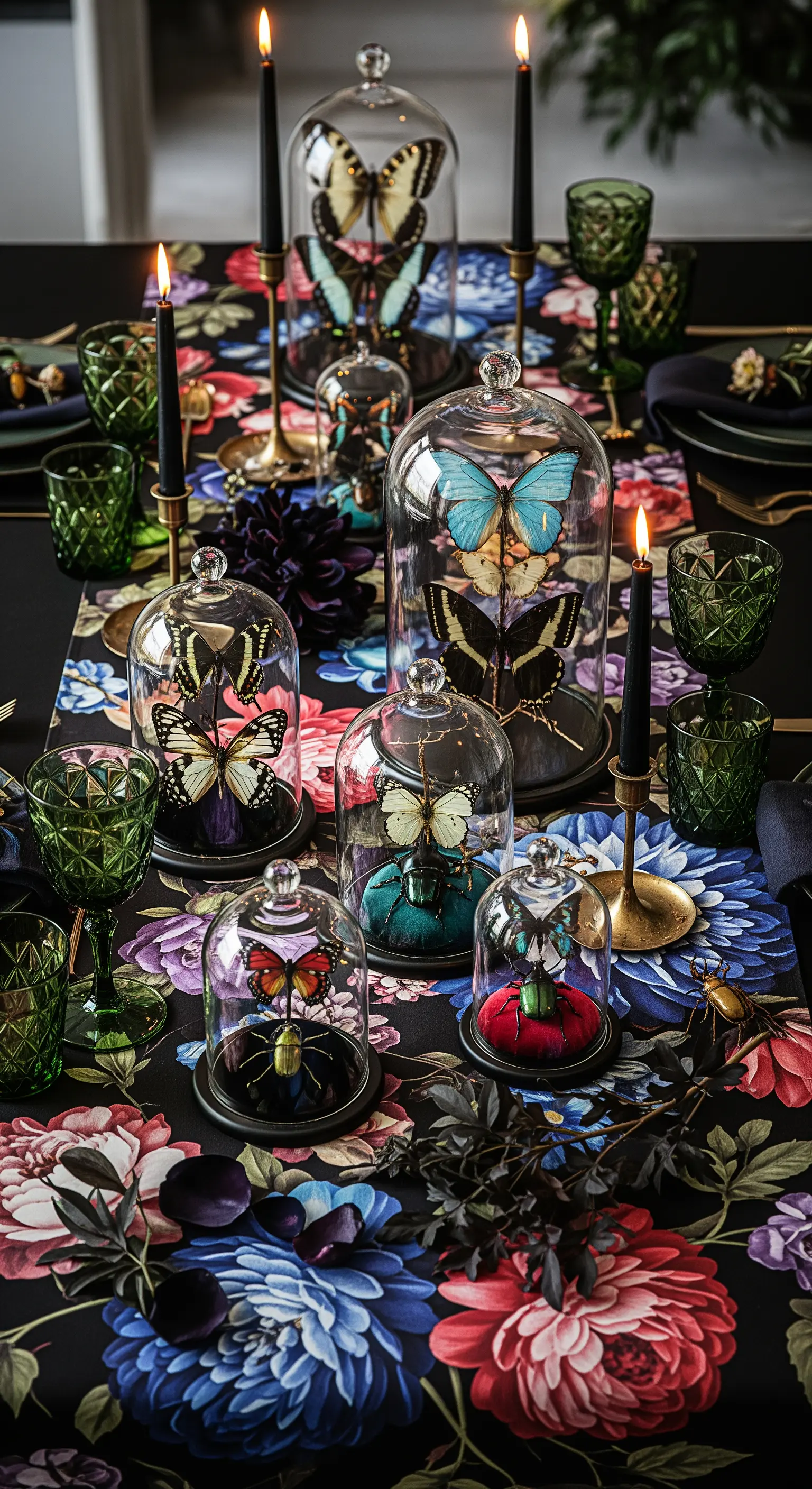 Schmetterlinge in Glasglocken auf dunkler Blumentischdecke