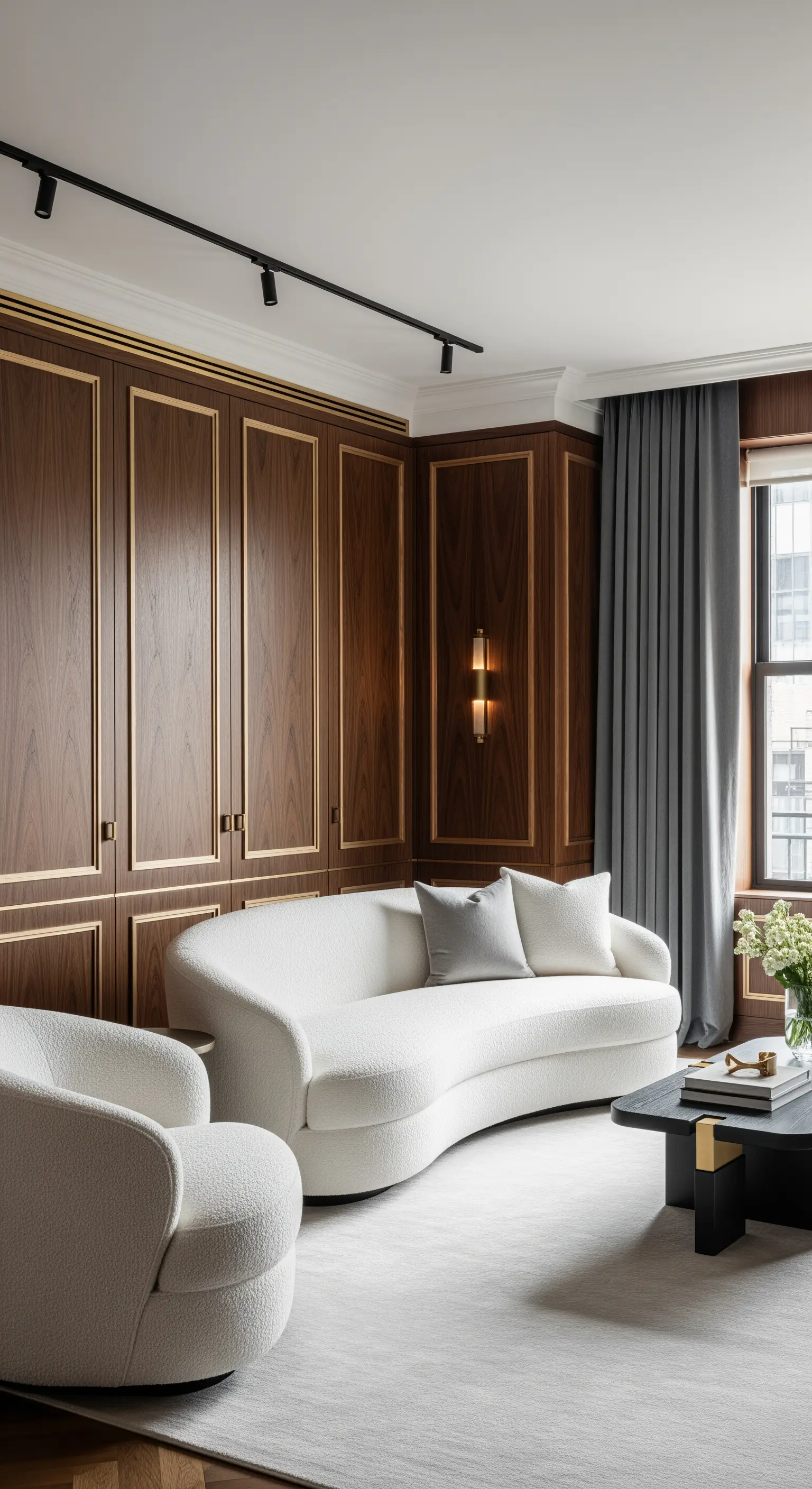 Dunkles holzvertäfeltes Zimmer mit geschwungenem weißen Sofa