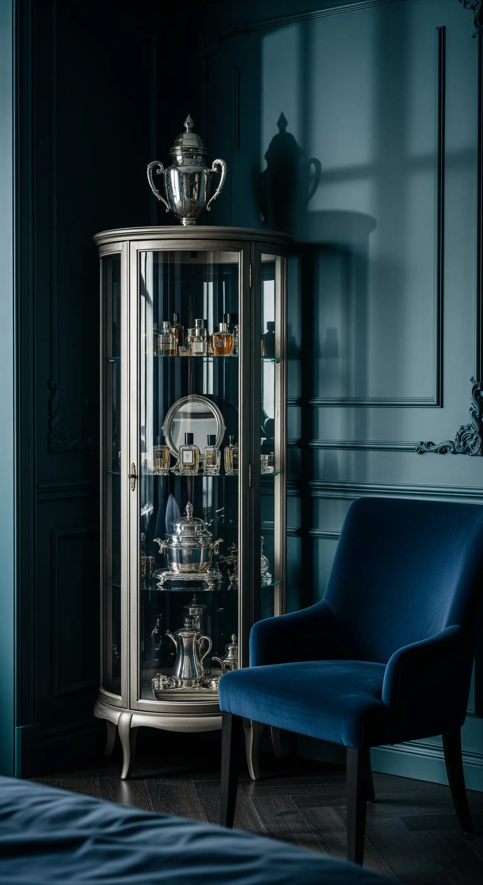 Runde silberne Vitrine mit antiken Teekannen vor einer dunkelblauen Wand