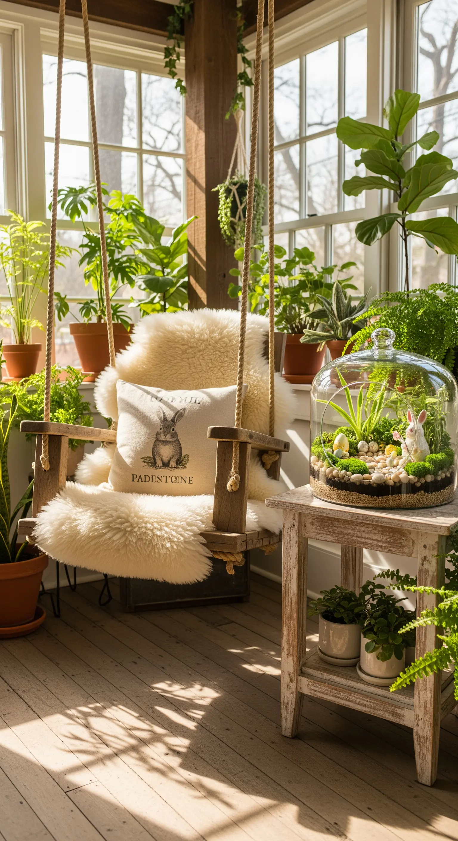 Veranda-Schaukel mit Fell, Hasenkissen und Terrarium auf dem Tisch