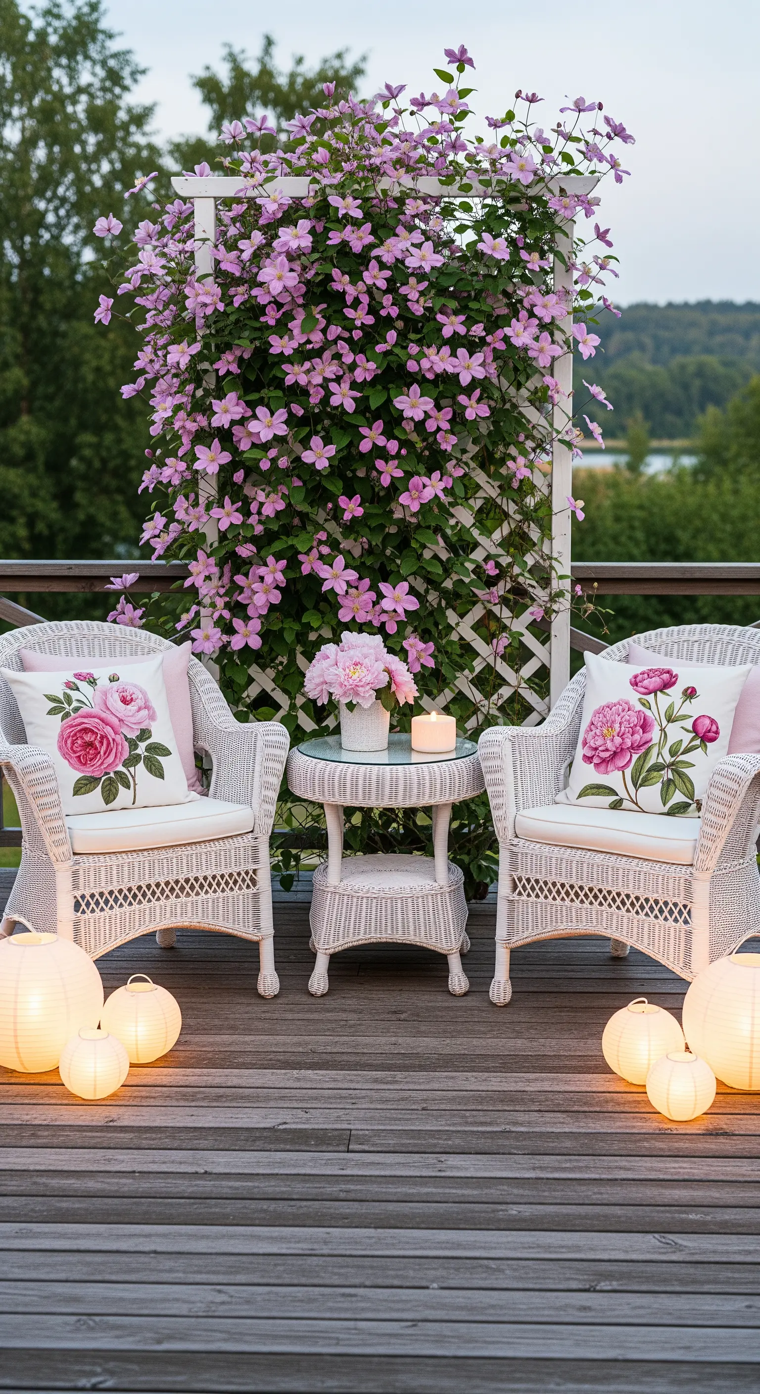 Weiße Korbsessel vor Clematis Rankgitter