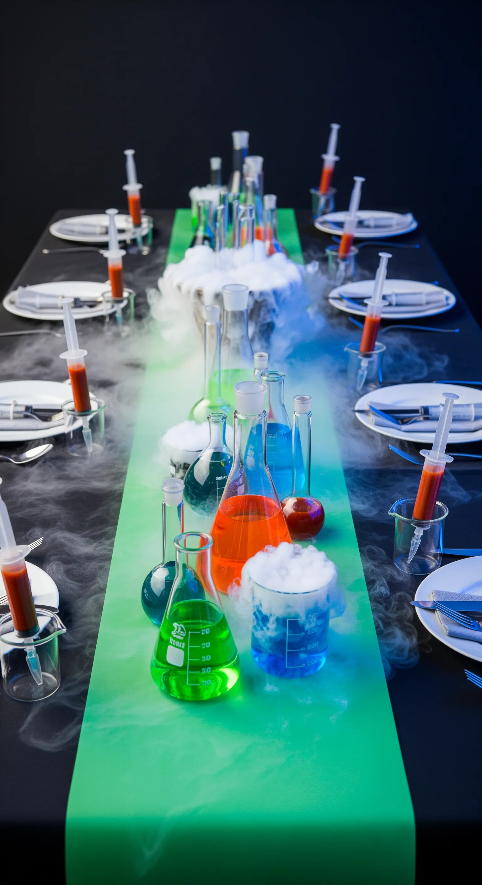 Reagenzgläser mit bunter Flüssigkeit und Nebel auf grünem Läufer