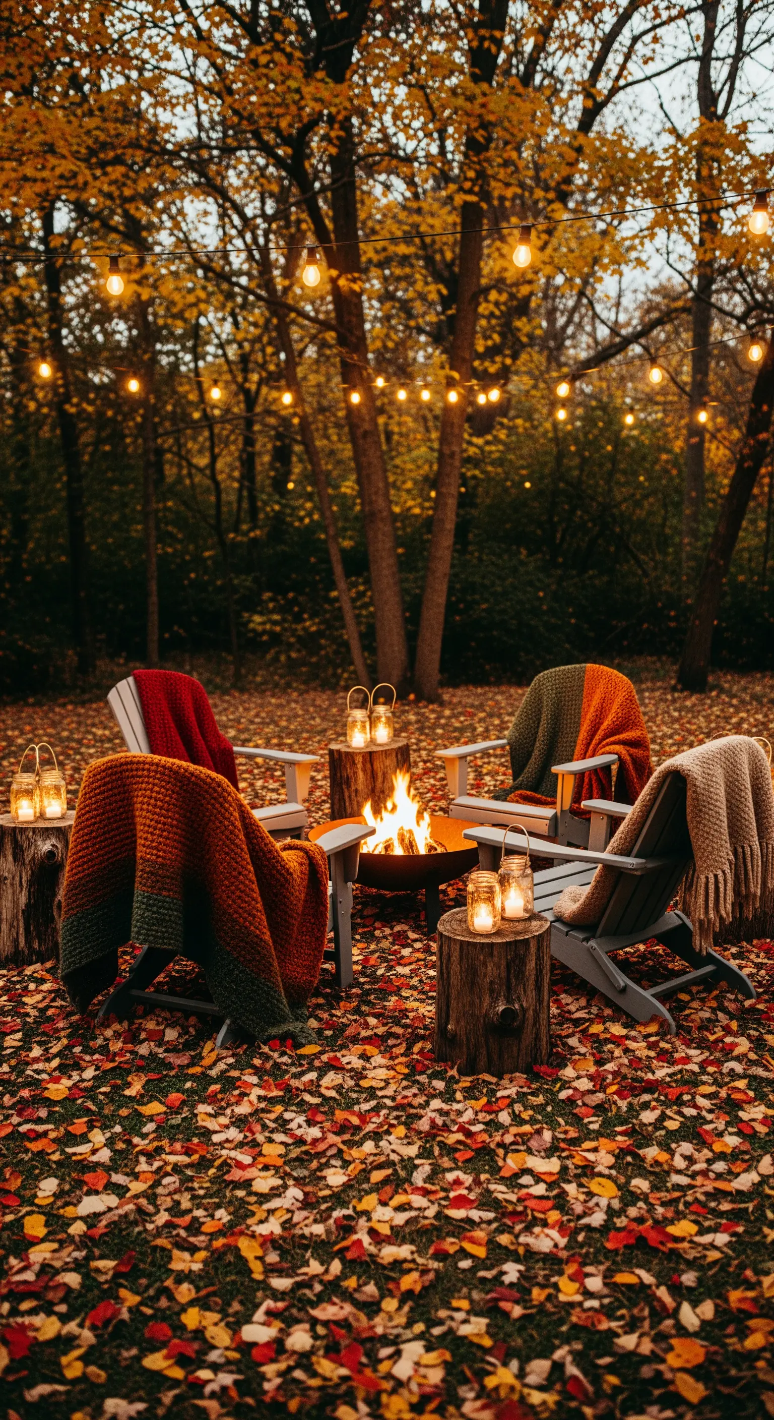 Gartenbereich mit Feuerschale, Holzstühlen, bunten Wolldecken und Lichterketten in den Bäumen