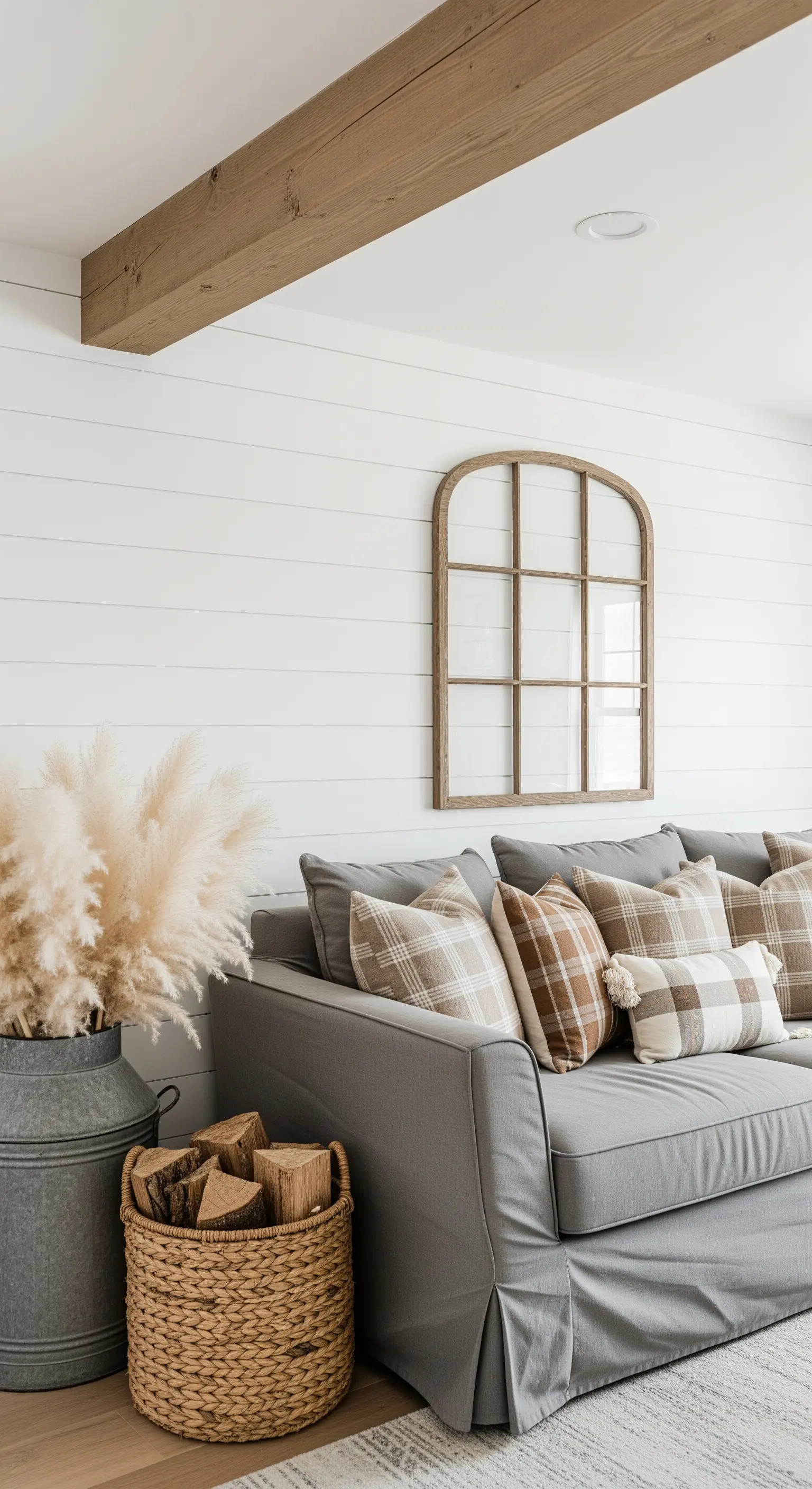 Graues Sofa mit Karokissen und Fensterspiegel