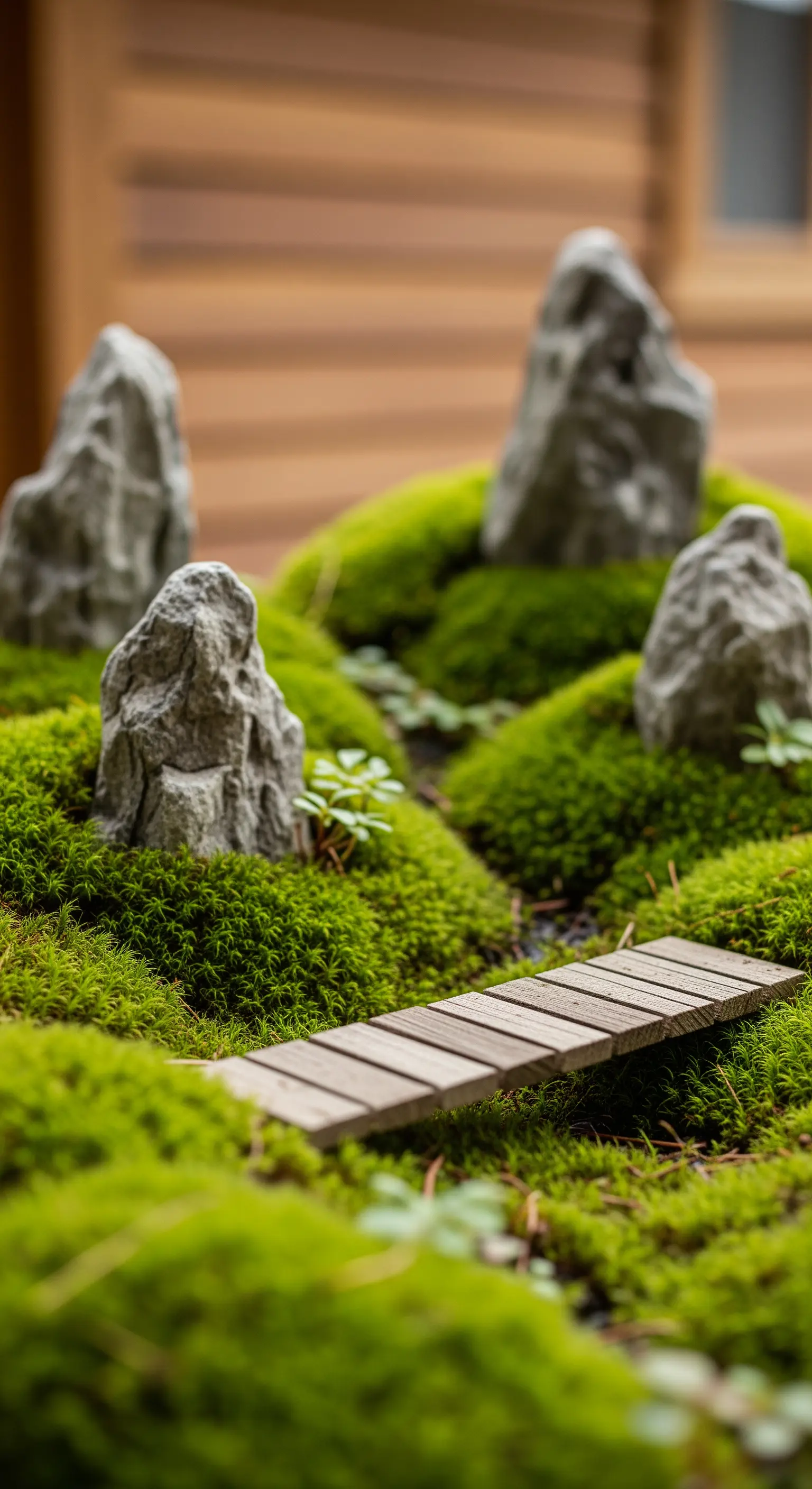 Miniaturlandschaft mit Steinen, Moos und kleiner Holzbrücke