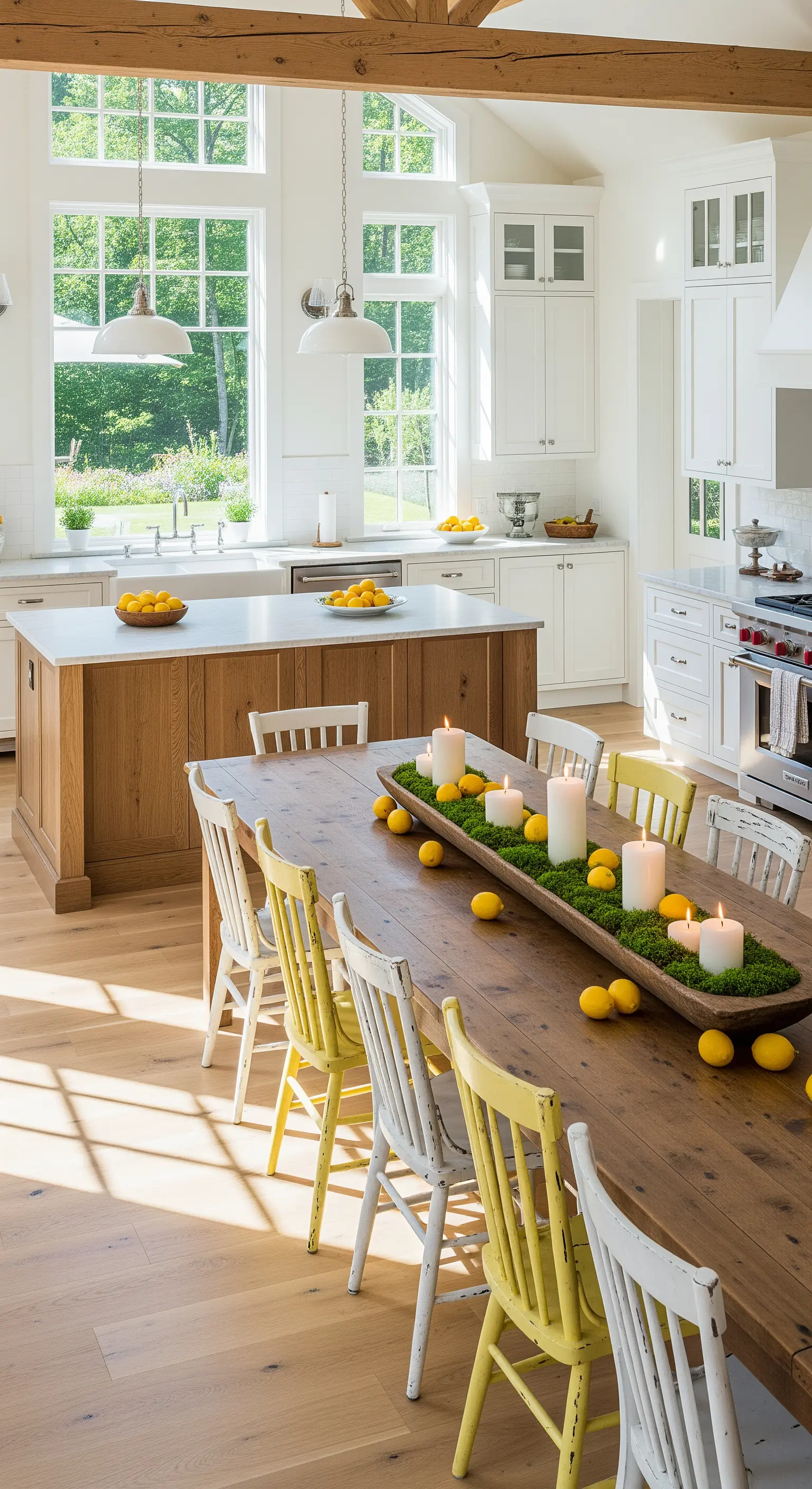 Langer Holztisch mit Moos, Kerzen und Zitronen in Holzschale