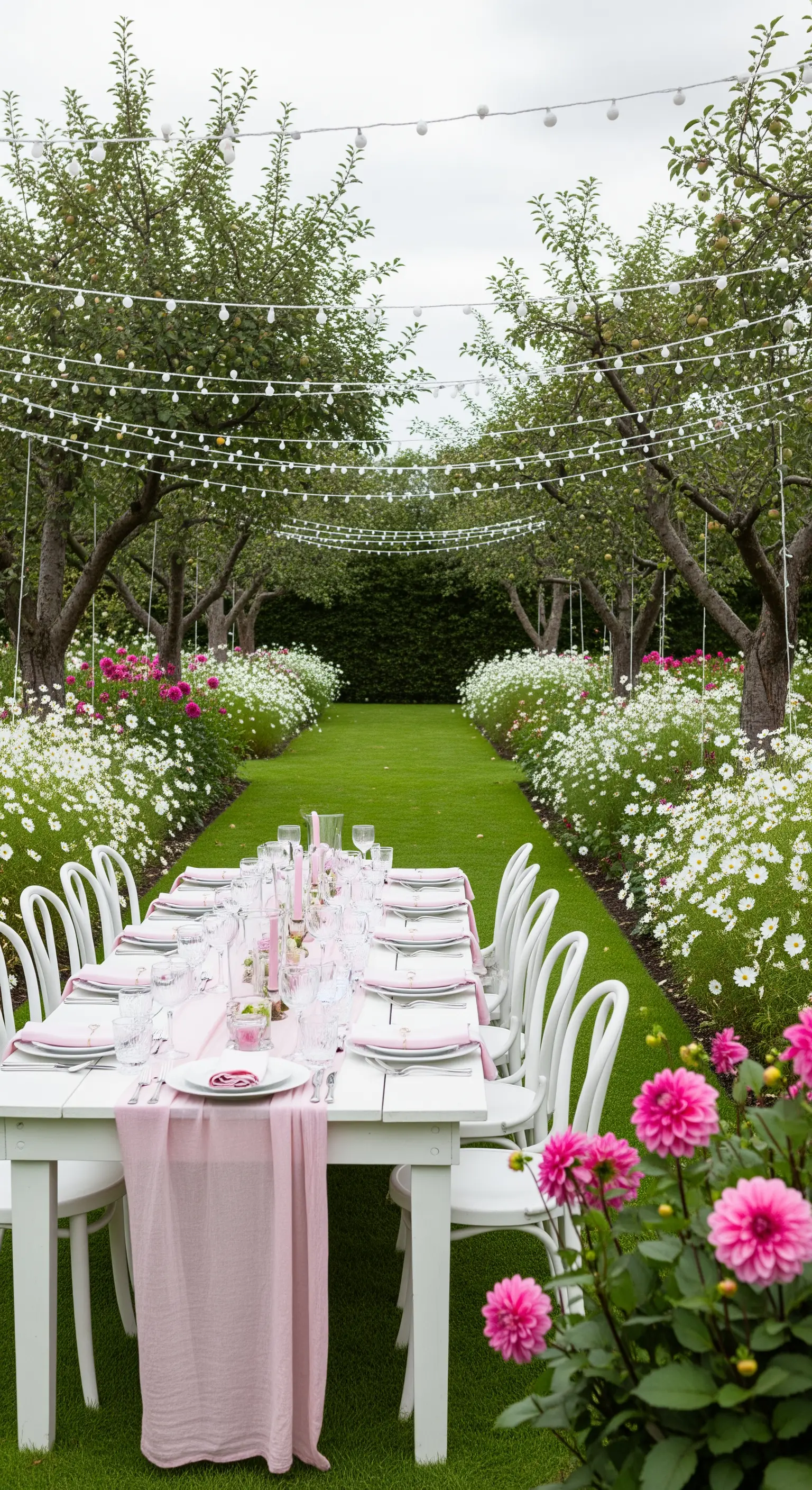 Lange weiße Gartentafel unter Bäumen
