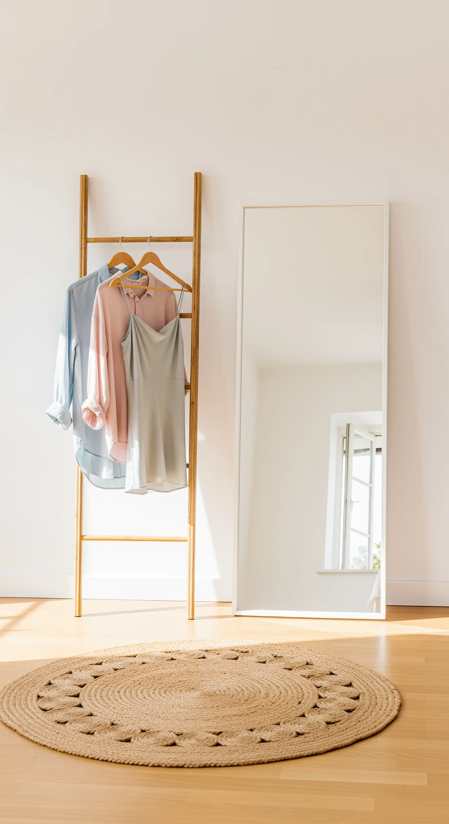 Kleiderleiter aus Holz, Spiegel und runder Juteteppich