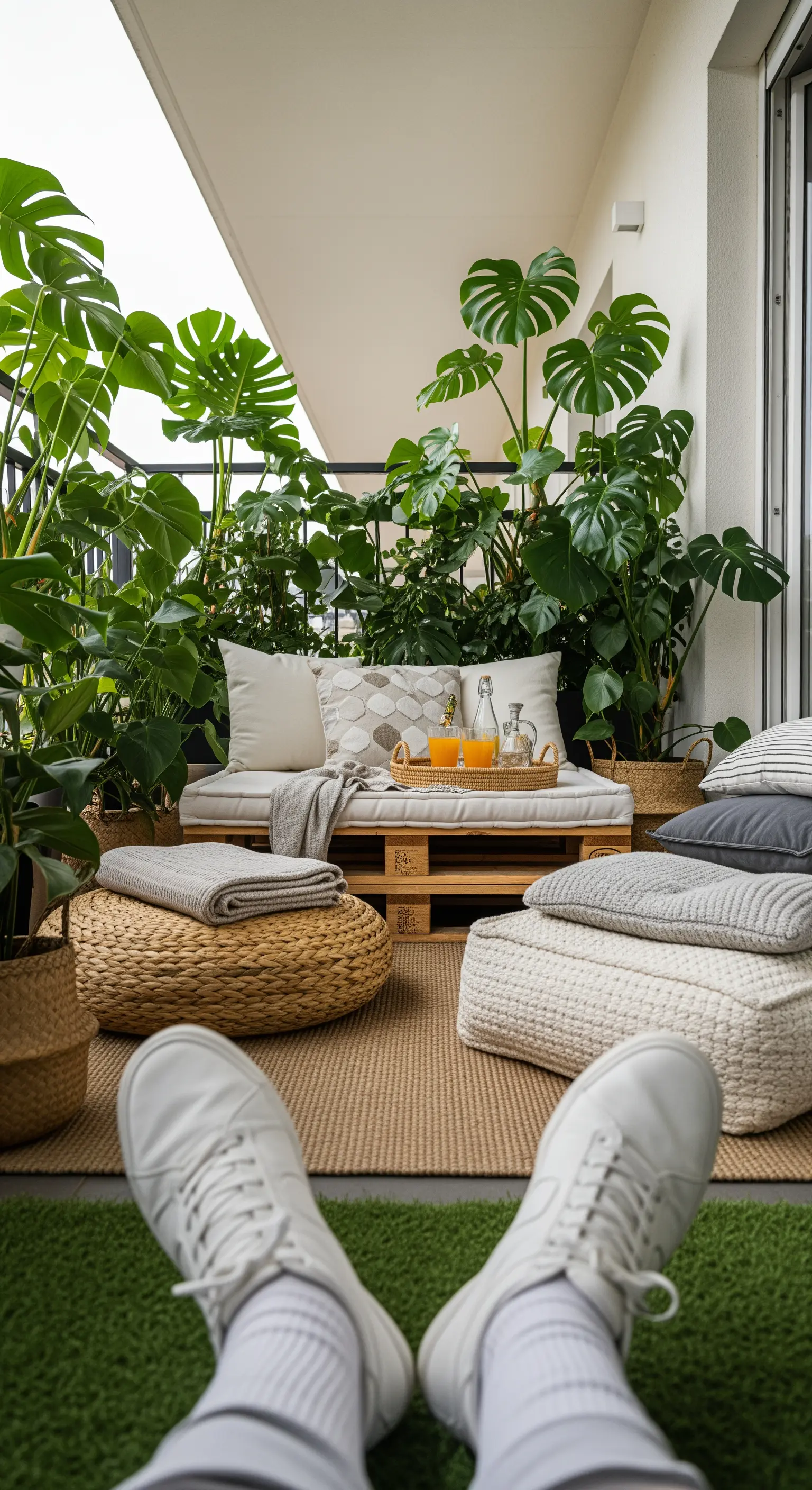 Bodennahe Sitzgelegenheit mit Poufs und Palettensofa auf Kunstrasen