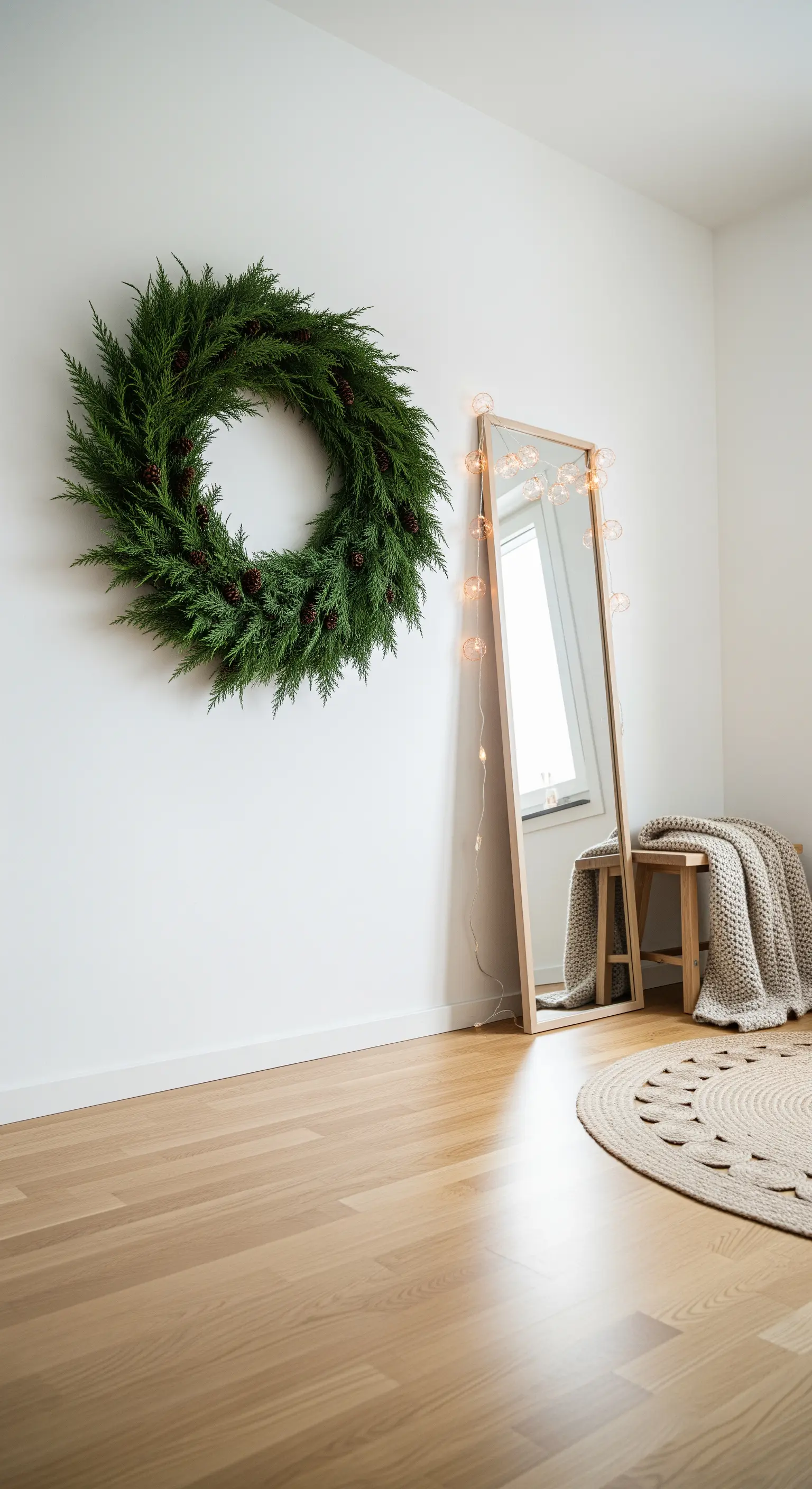 Großer Zedernkranz an angelehntem Standspiegel