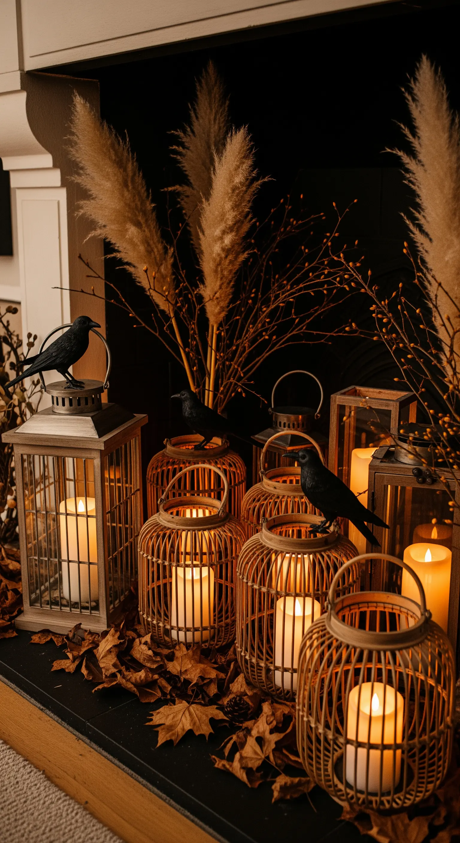 Bodenlaternen mit Raben und Herbstlaub