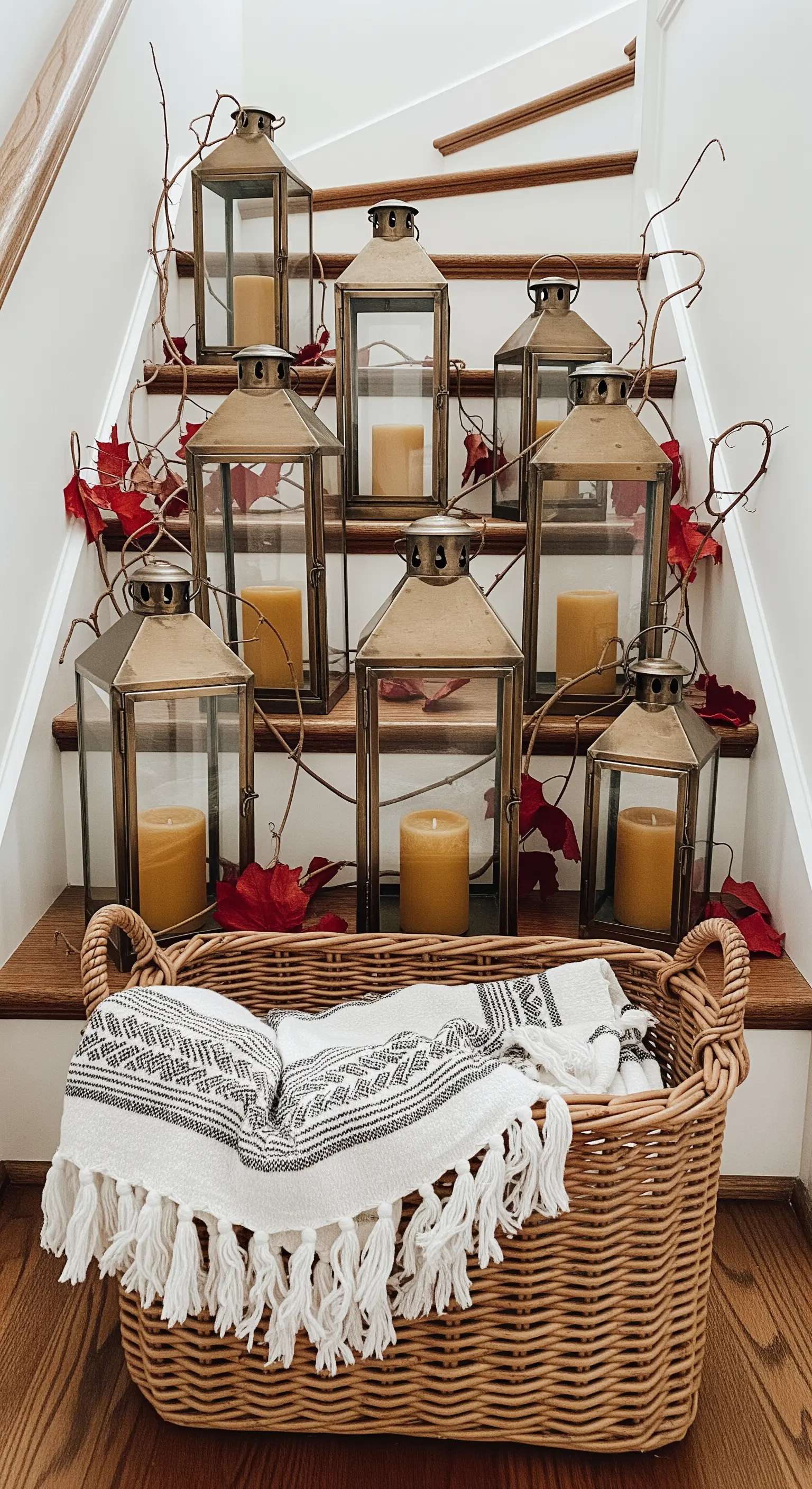 Treppe mit vielen Laternen und roten Herbstblättern
