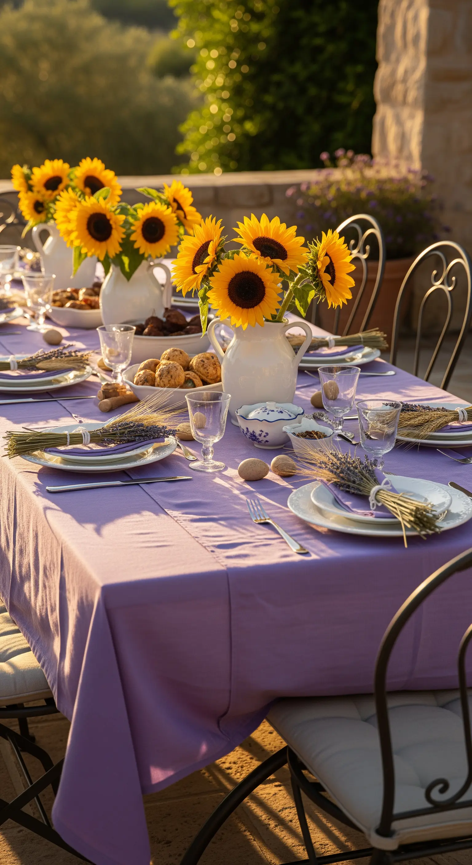 Tisch mit fliederfarbener Decke und leuchtend gelben Sonnenblumen im Provence-Stil