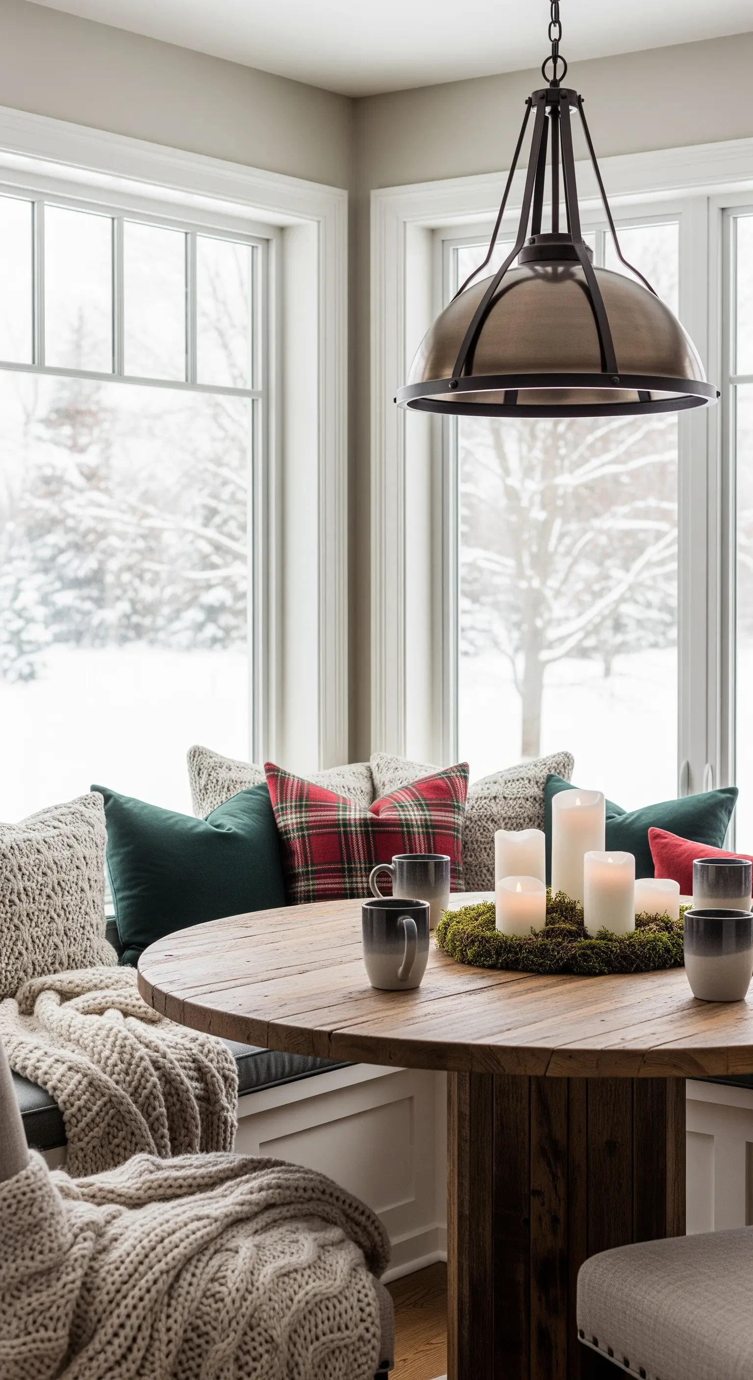 Fenstersitzbank mit Strickkissen, Samt und Holztisch