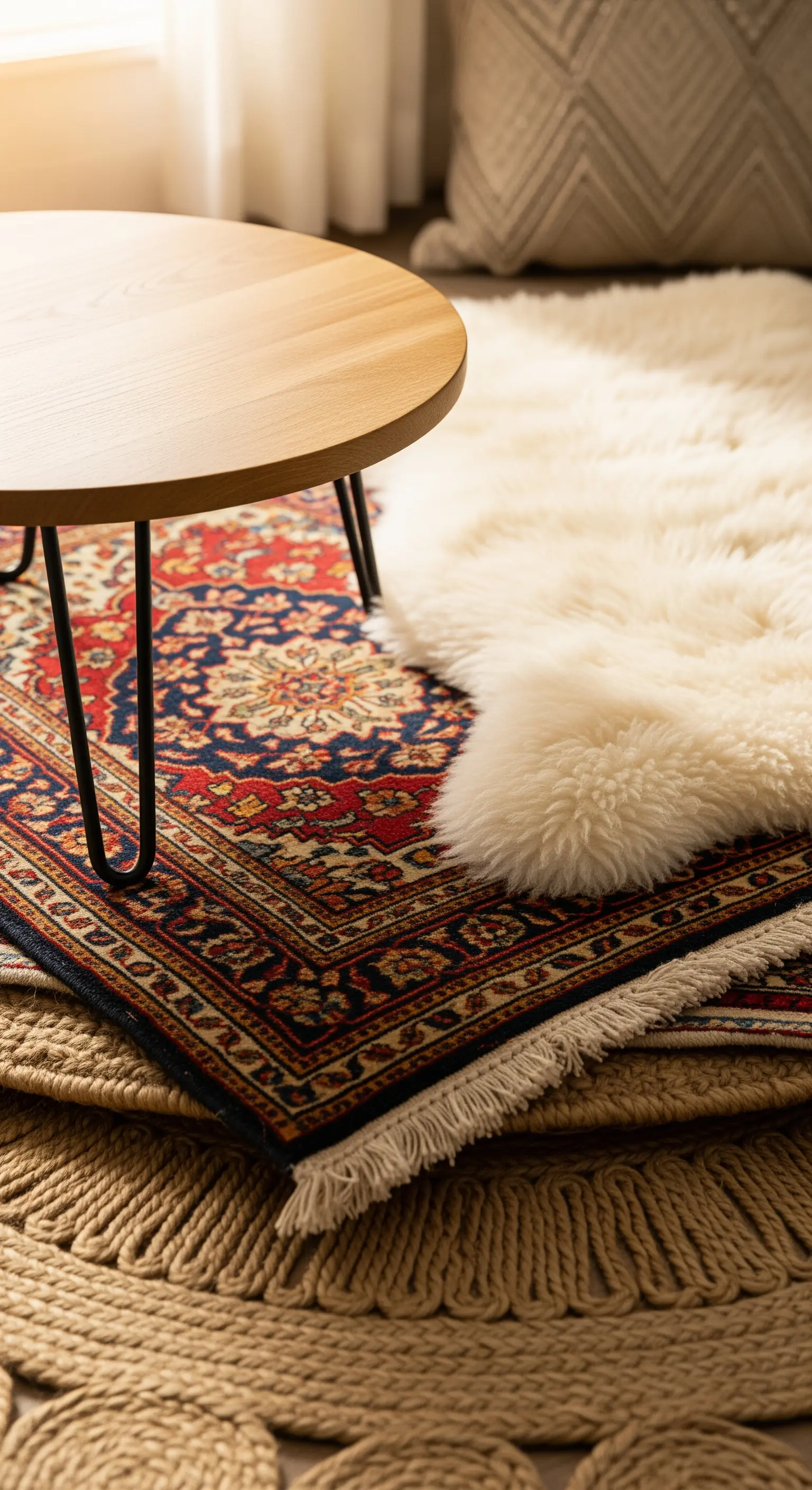 Gemusterter Teppich liegt schräg auf einem Juteteppich mit Fell