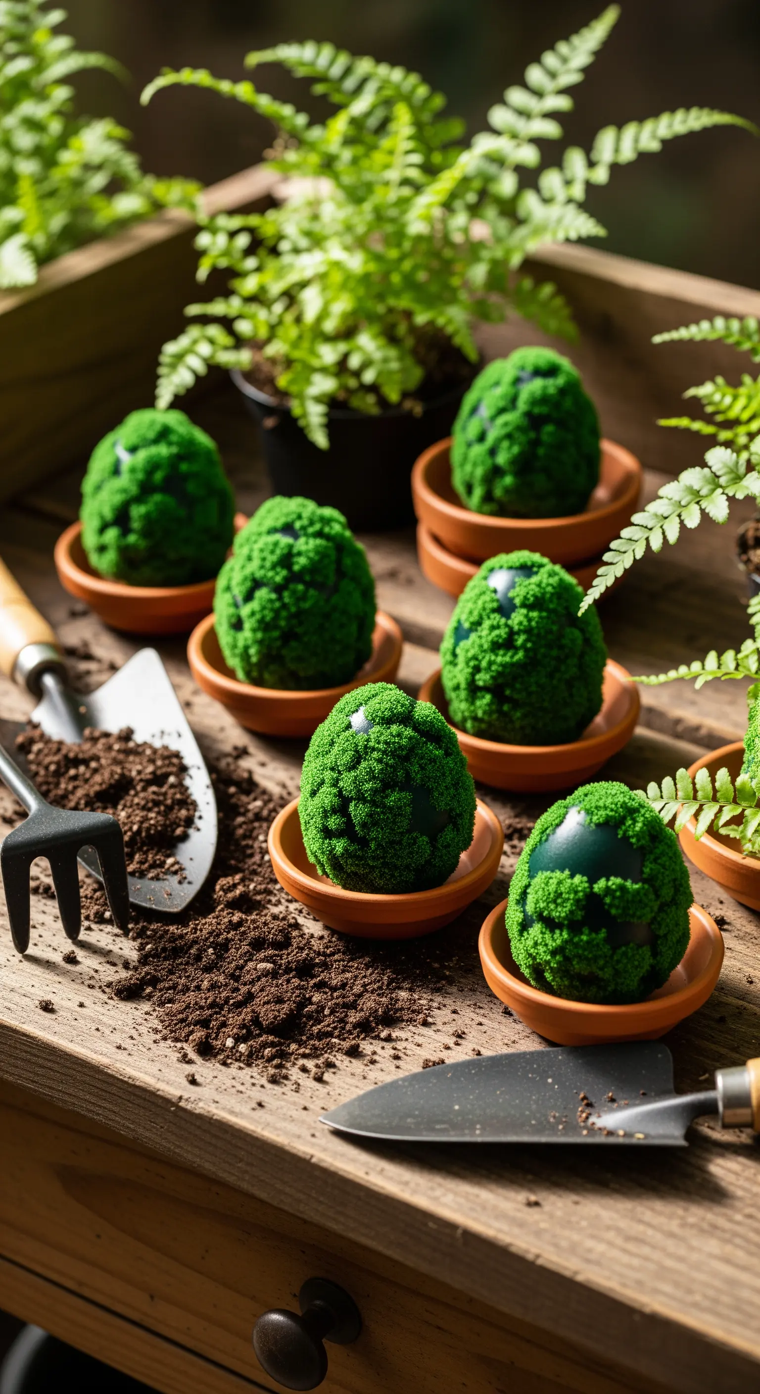 Mit Moos bedeckte Eier in Tonschalen mit Gartengeräten