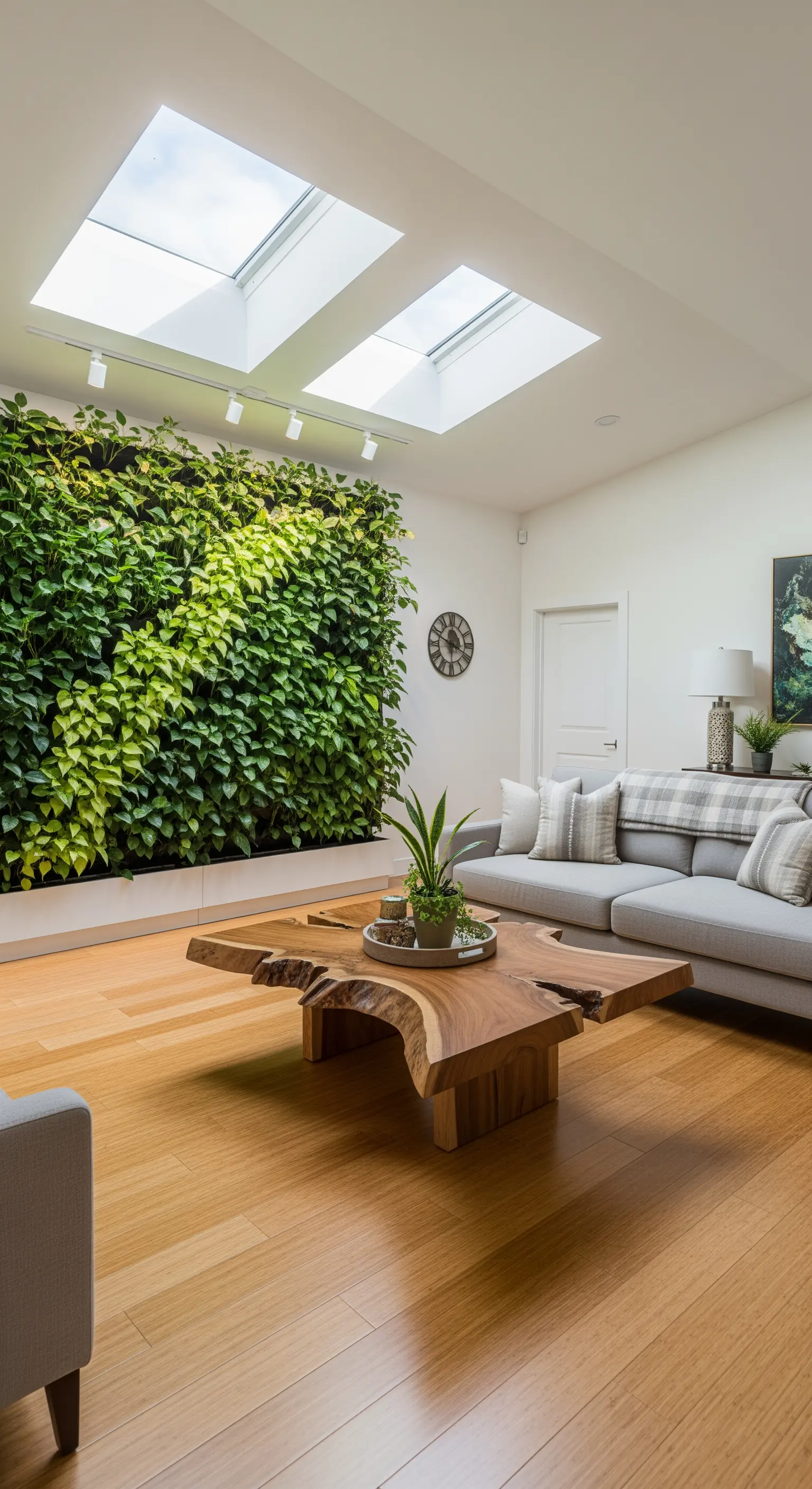 Große Pflanzenwand im Wohnzimmer unter Oberlicht