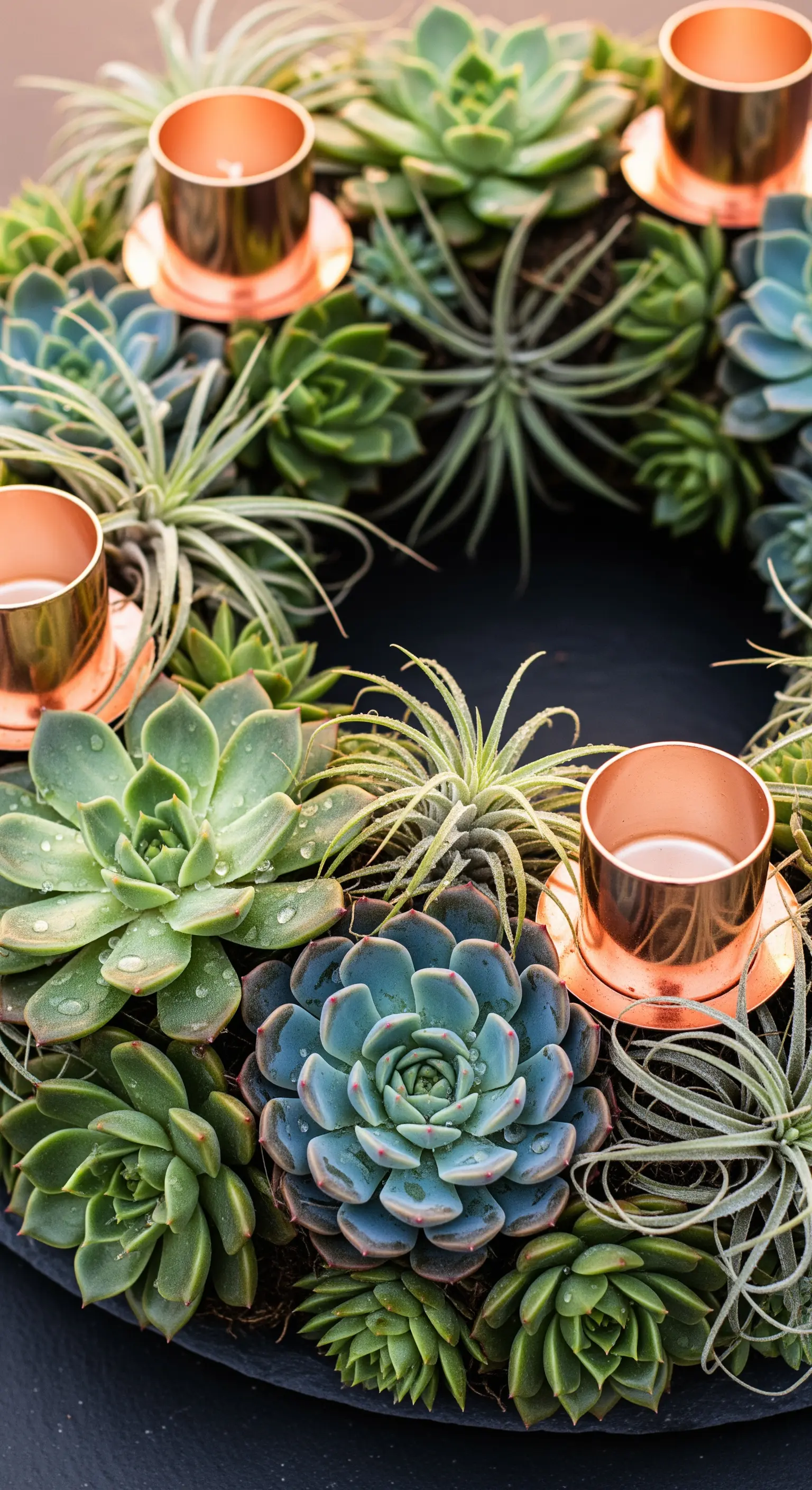 Dichter Kranz aus lebenden Sukkulenten mit kupferfarbenen Kerzenhaltern