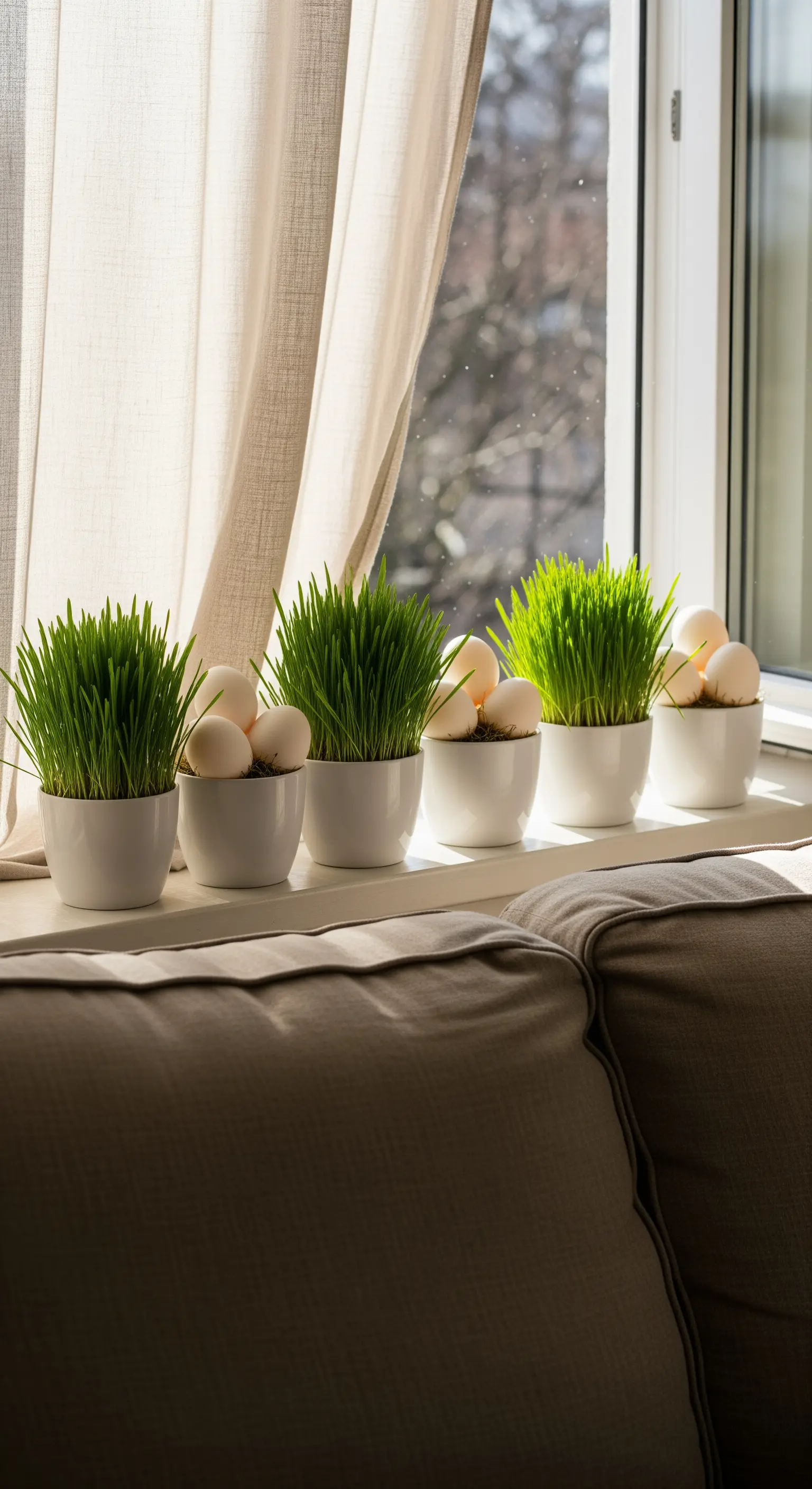 Fensterbank mit Reihe von Weizengras-Töpfen