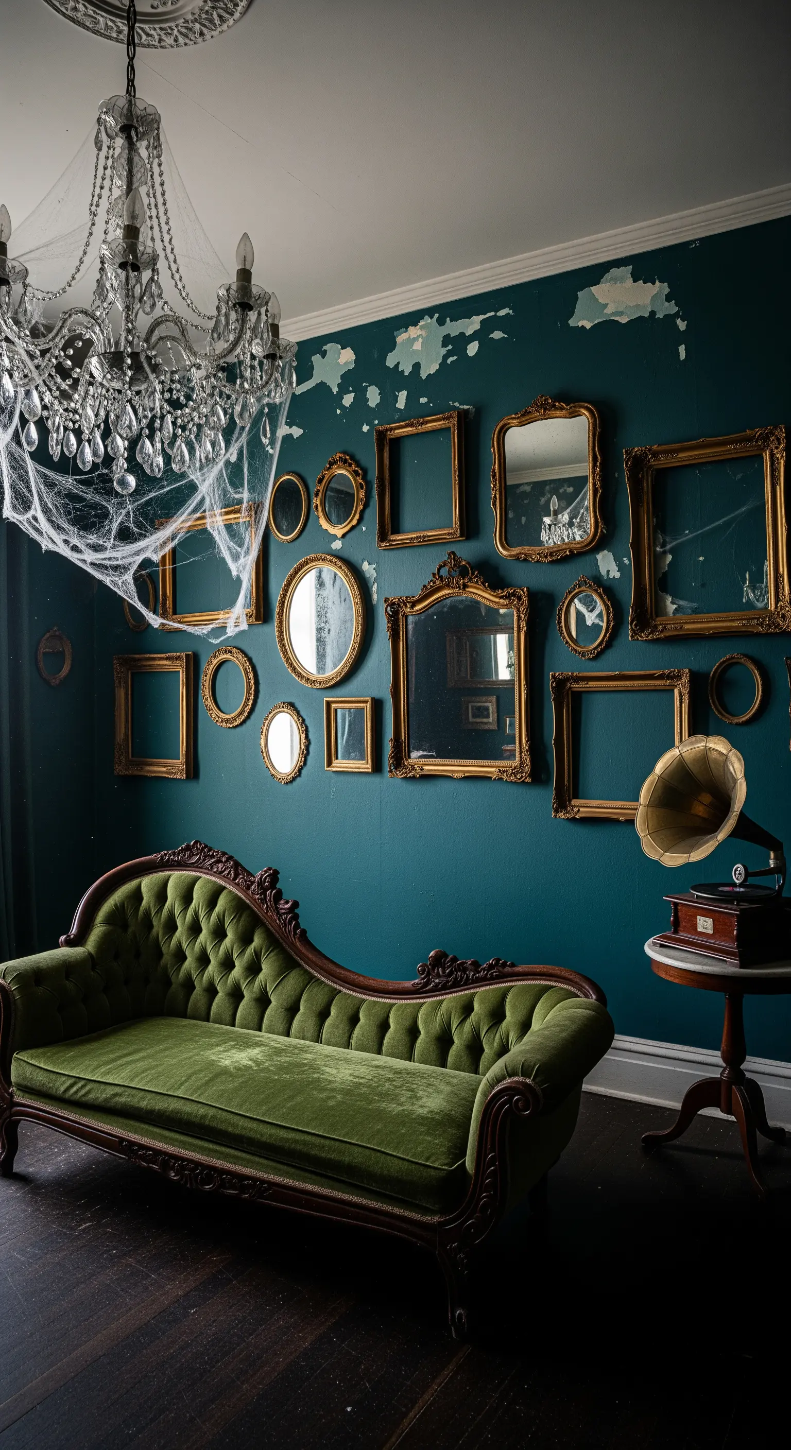 Wand mit leeren Goldrahmen und grünem Samtsofa