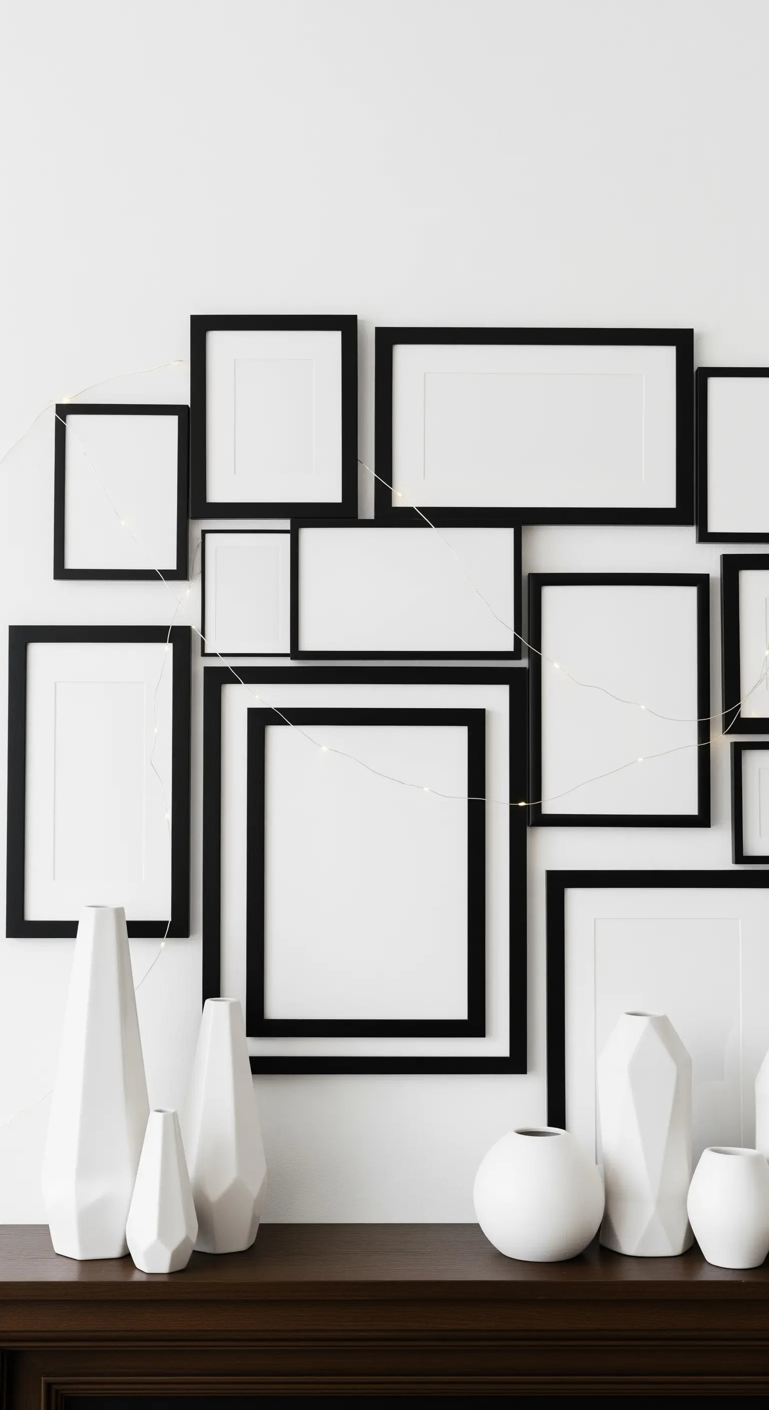 Wand mit leeren schwarzen Bilderrahmen und Lichterkette, davor weiße Vasen