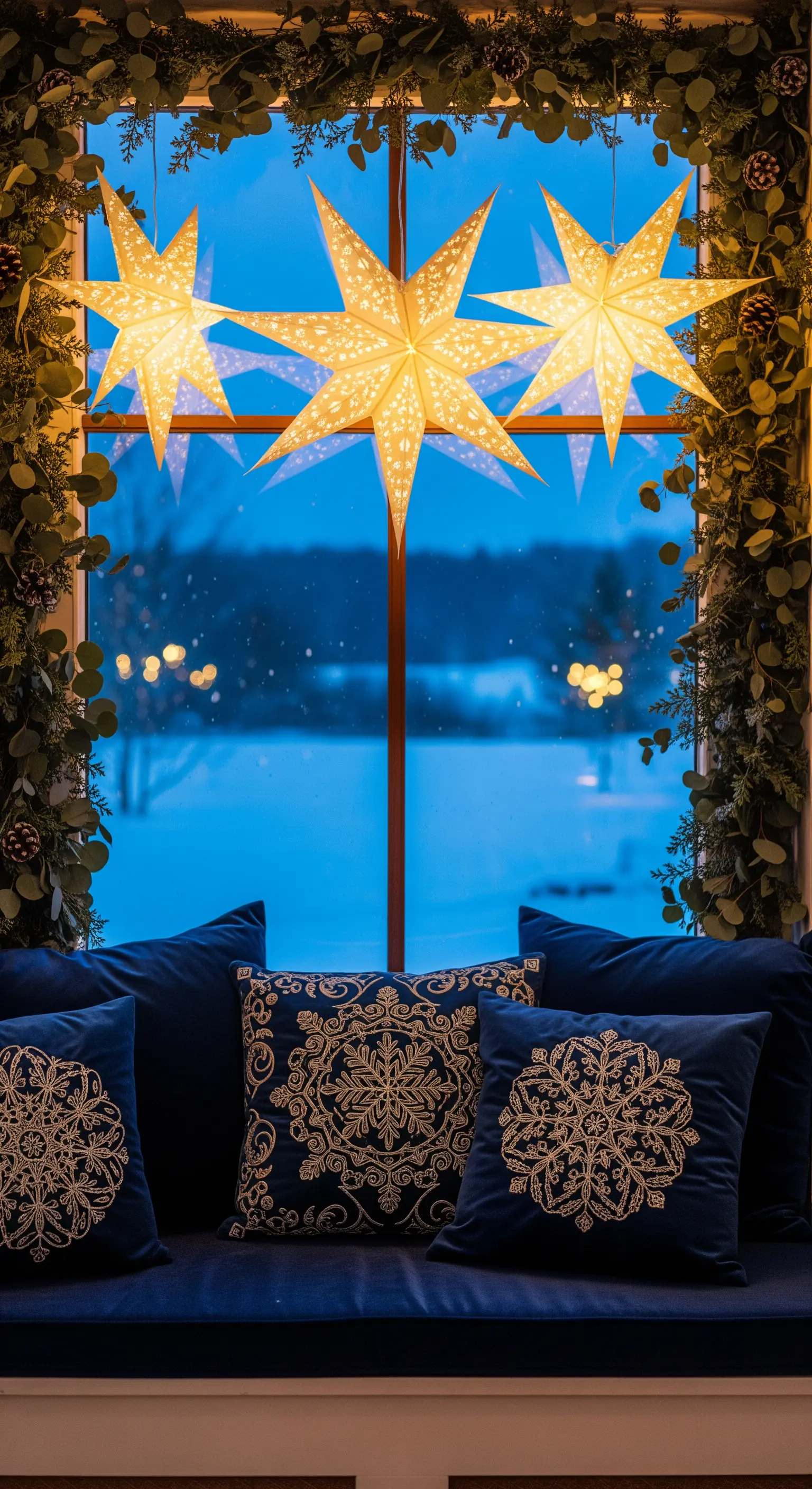 Beleuchtete Sterne im Fenster mit blauer Abendstimmung