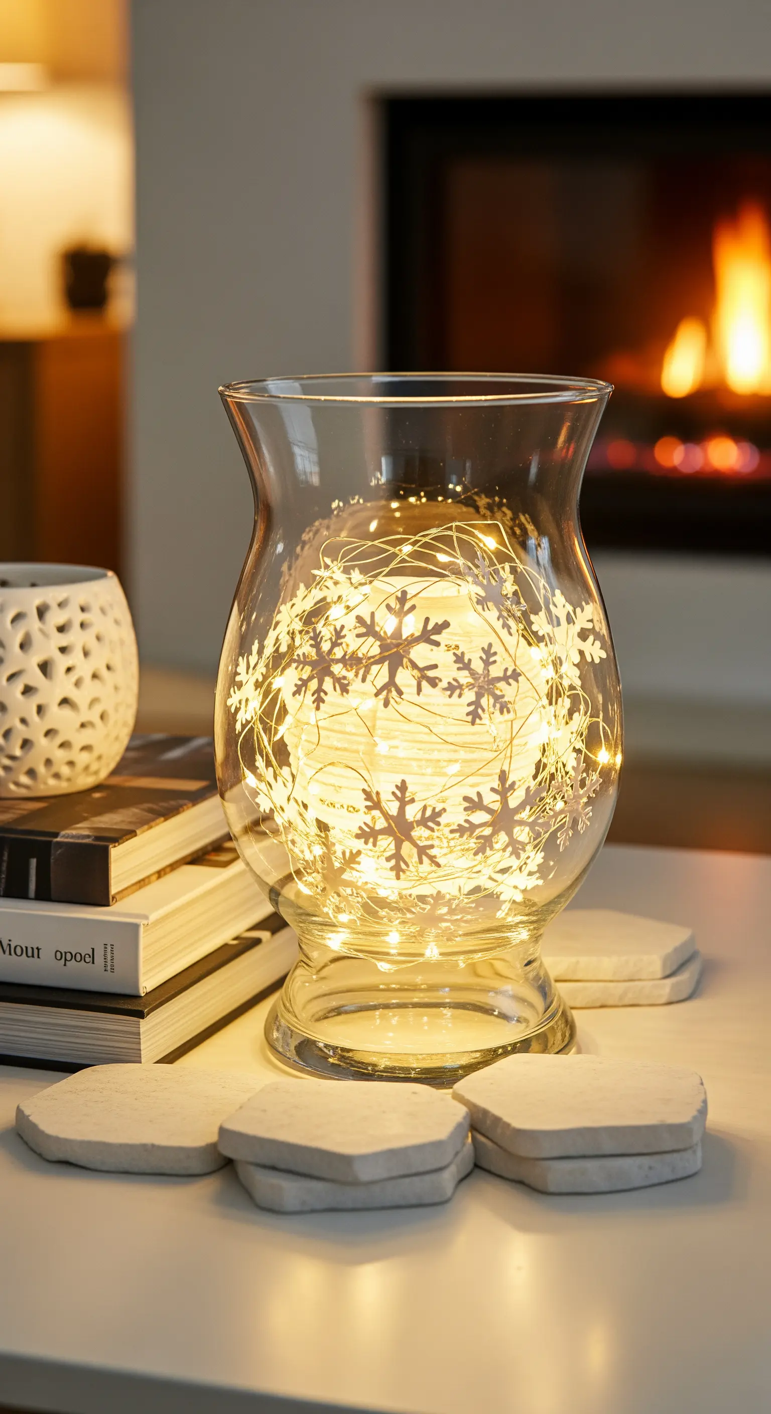 Großes Glaswindlicht gefüllt mit Lichterkette und weißen Papier-Schneeflocken-Motiven.