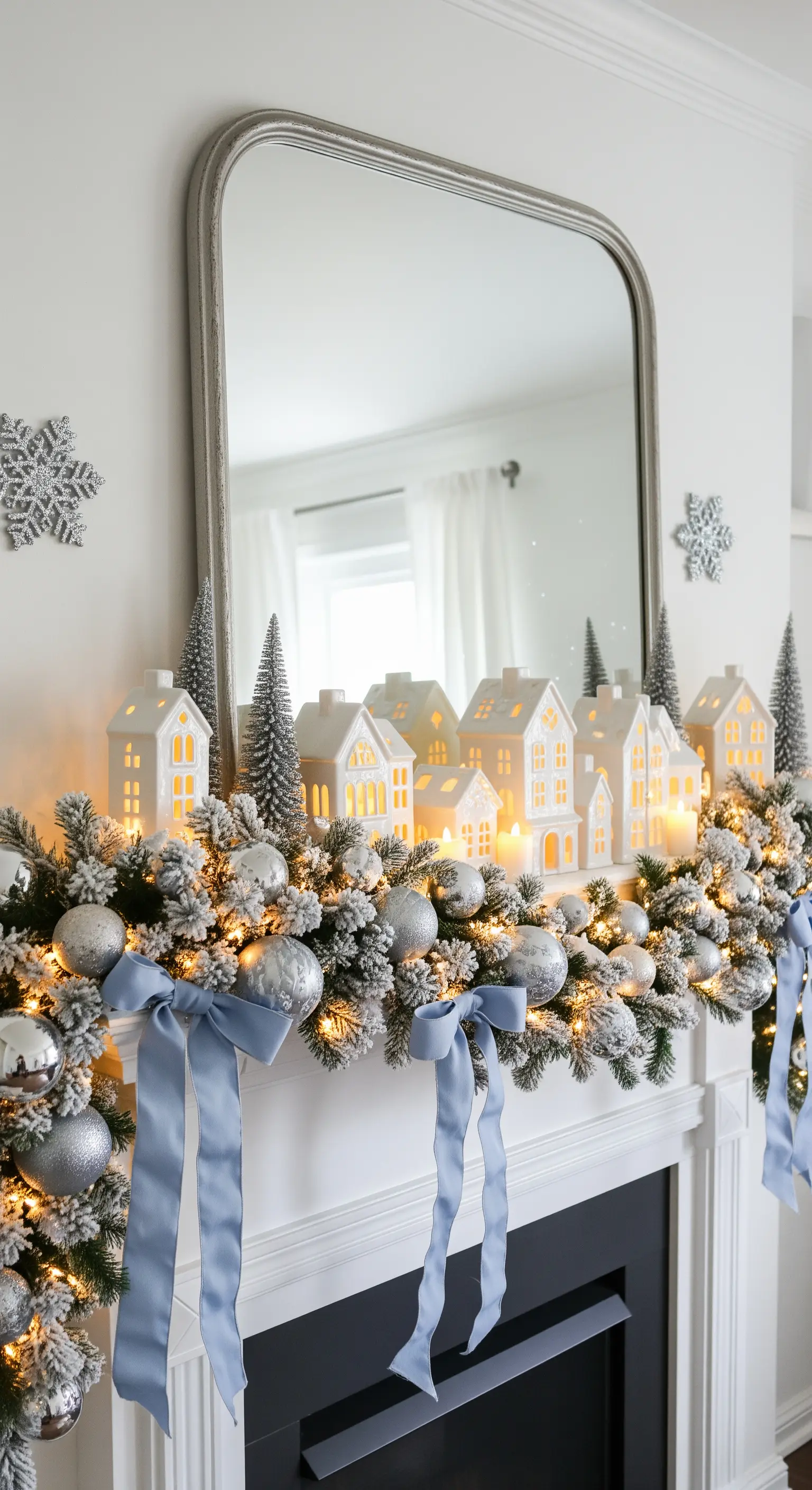 Weiße Lichthäuser und beschneite Girlande mit blauen Schleifen