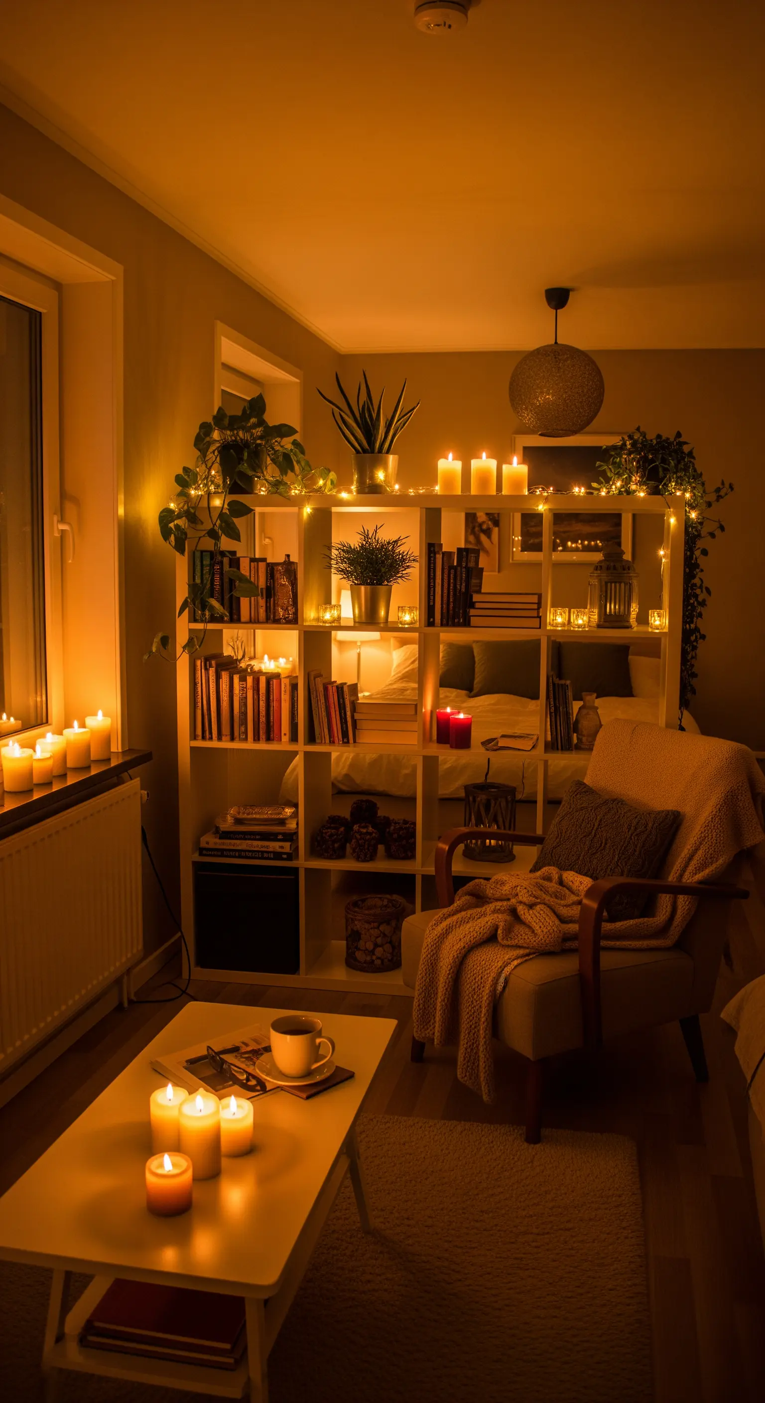 Raumtrenner-Regal beleuchtet mit vielen Kerzen, Pflanzen und Büchern im gemütlichen Wohnzimmer