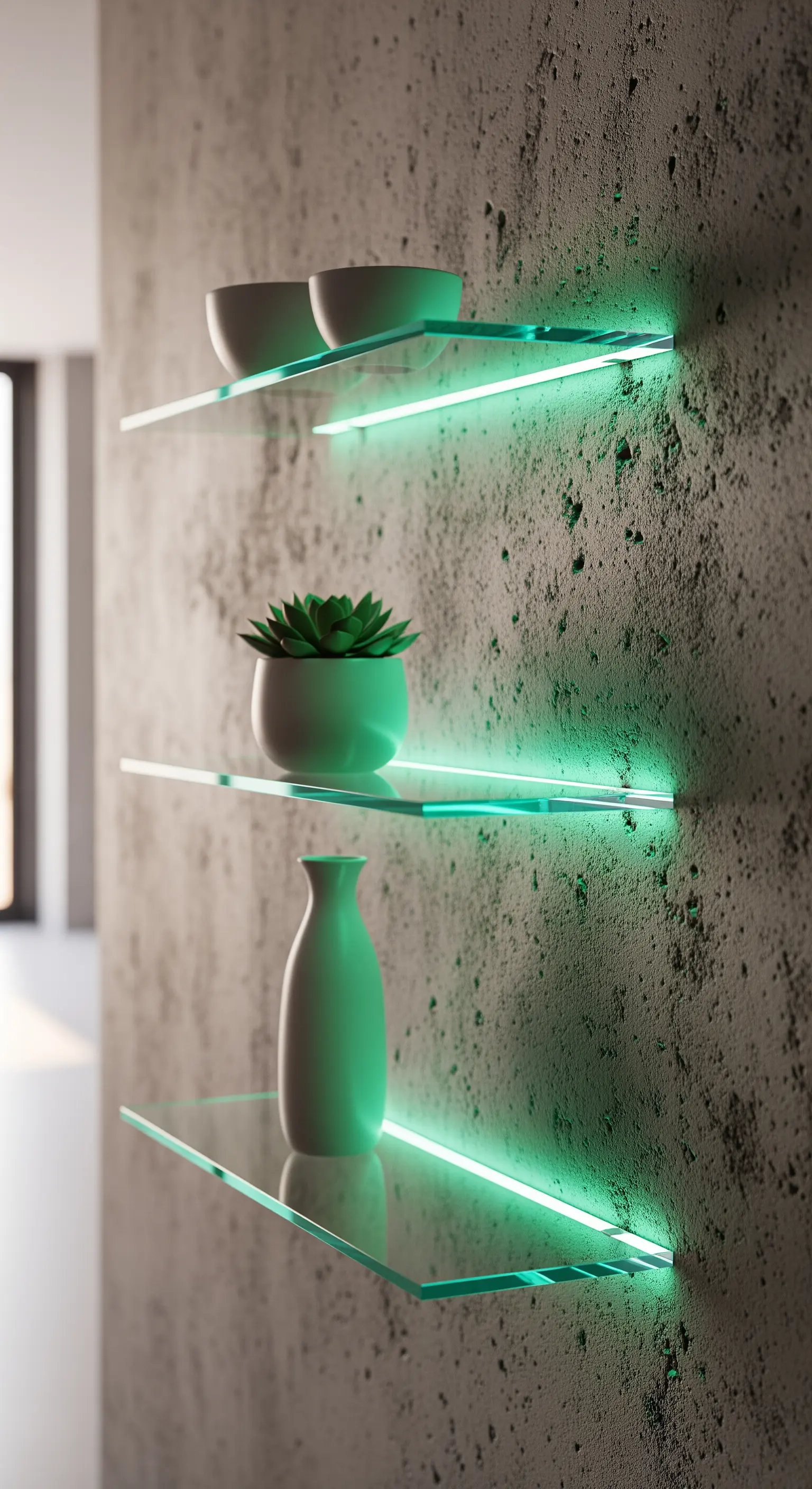 Beleuchtete Glasregale an rauer Betonwand