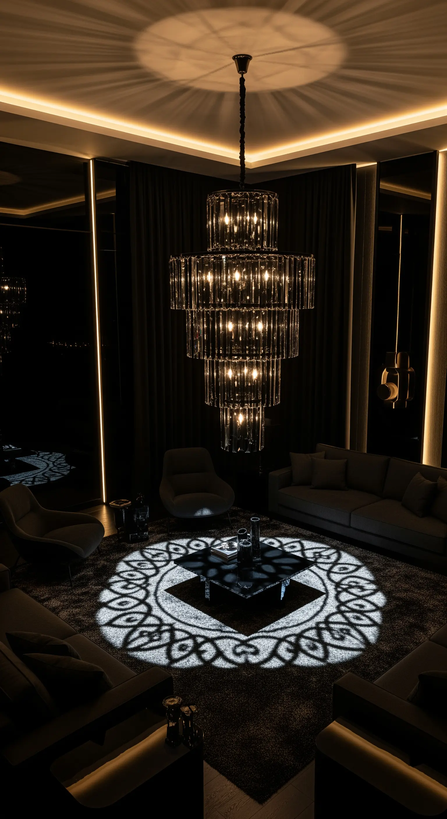 Kristall-Kronleuchter wirft Muster auf dunklen Teppich