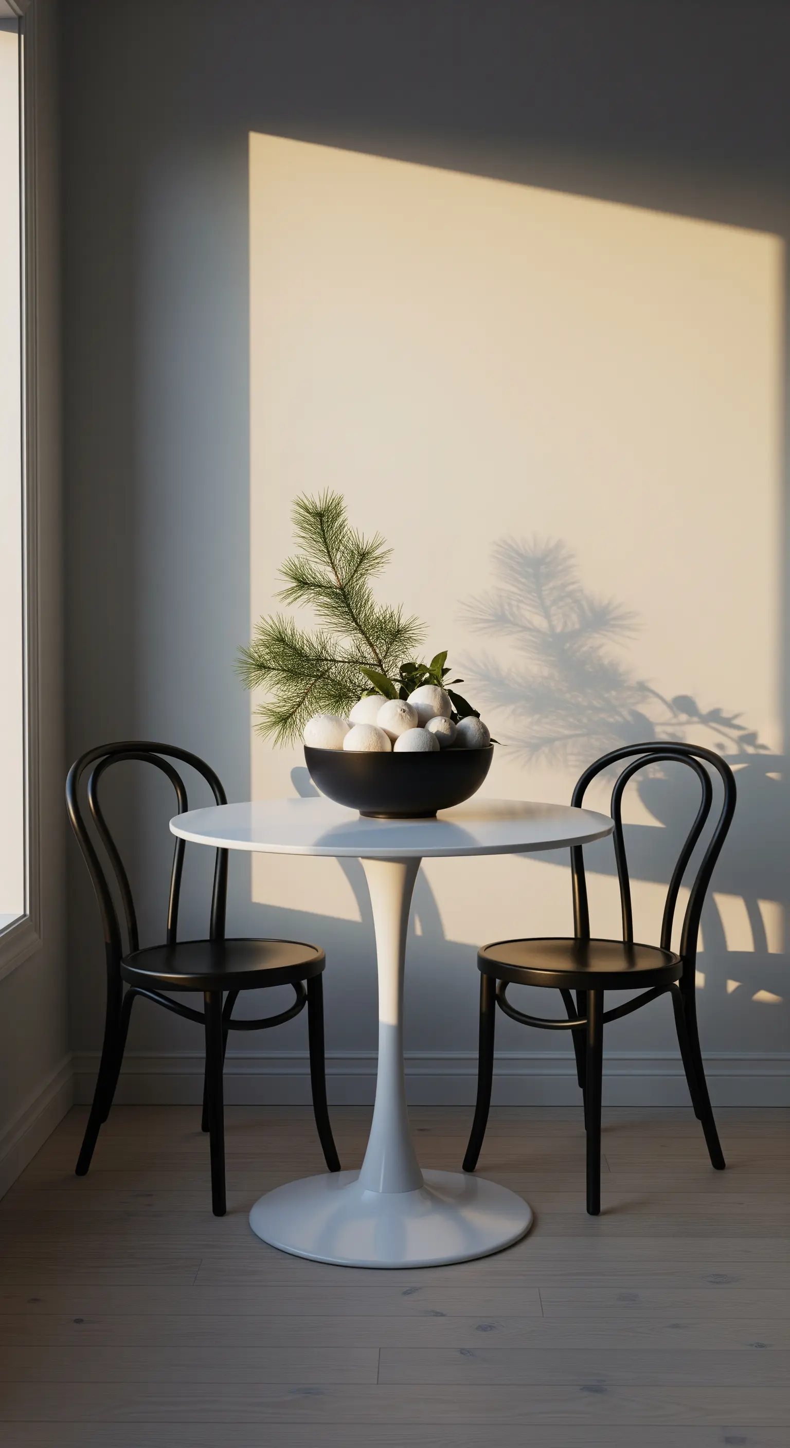 Kleiner weißer runder Tisch mit schwarzer Schale, weißen Kugeln und Kiefernzweig