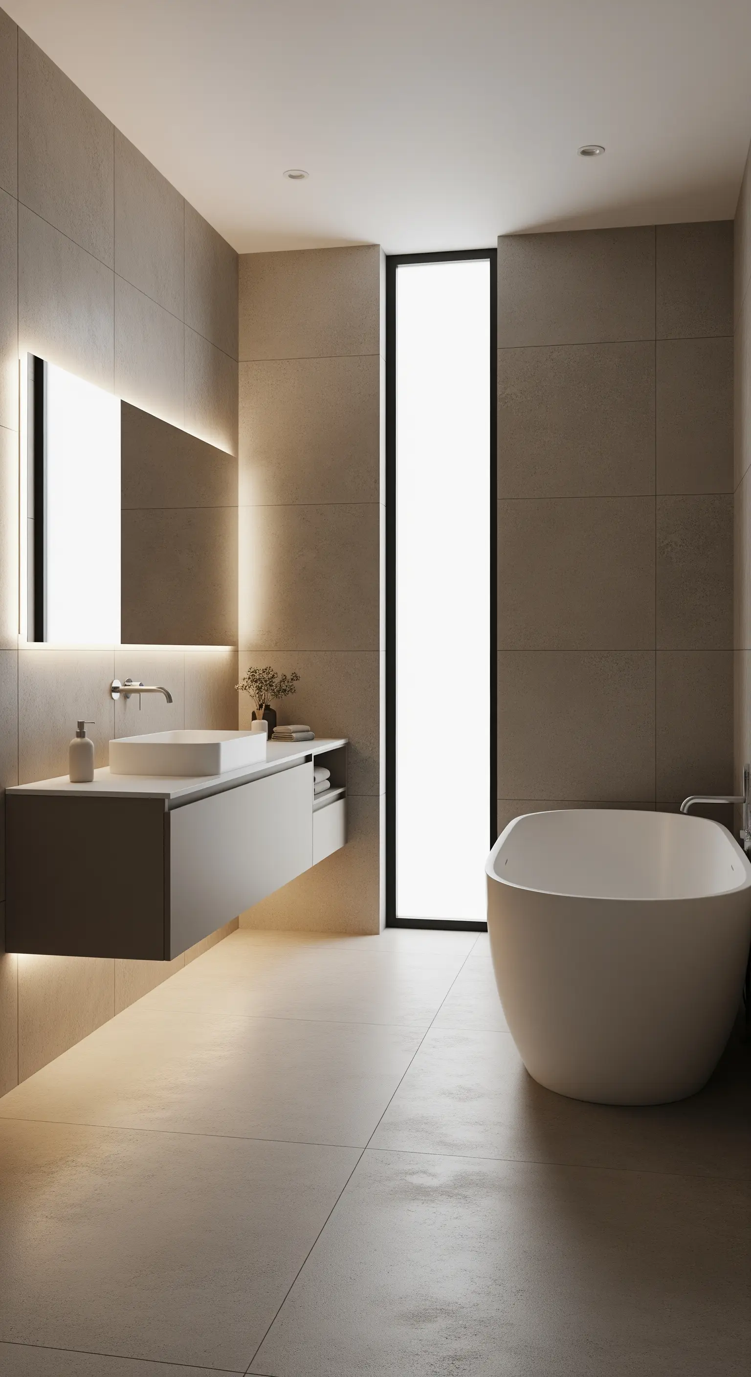 Modernes Bad mit schmalem, hohem Fenster und freistehender Wanne